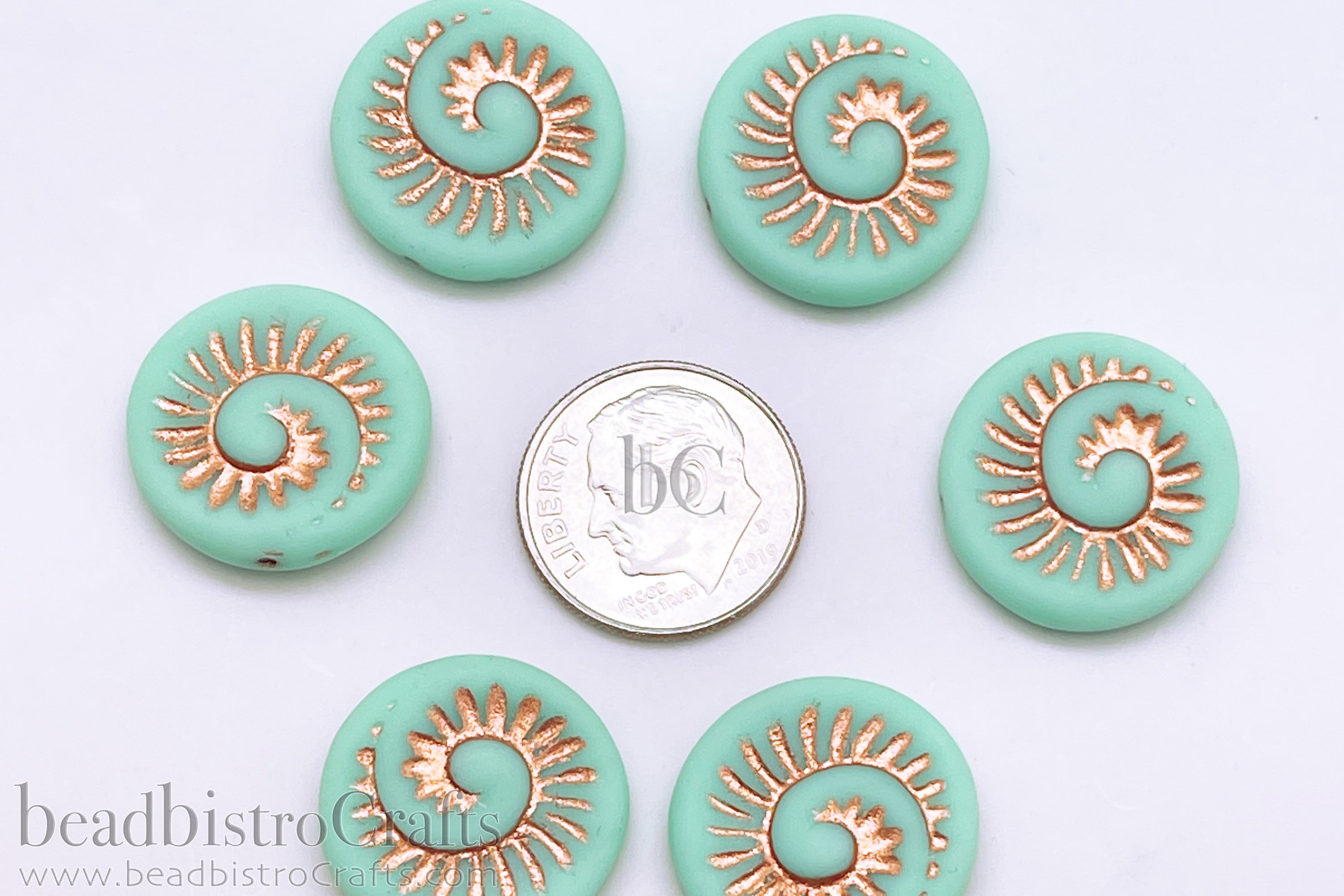 Czech Glass Ammonite Beads 18mm Opaque Frosted Pale Jade Coin Beads (4pcs)