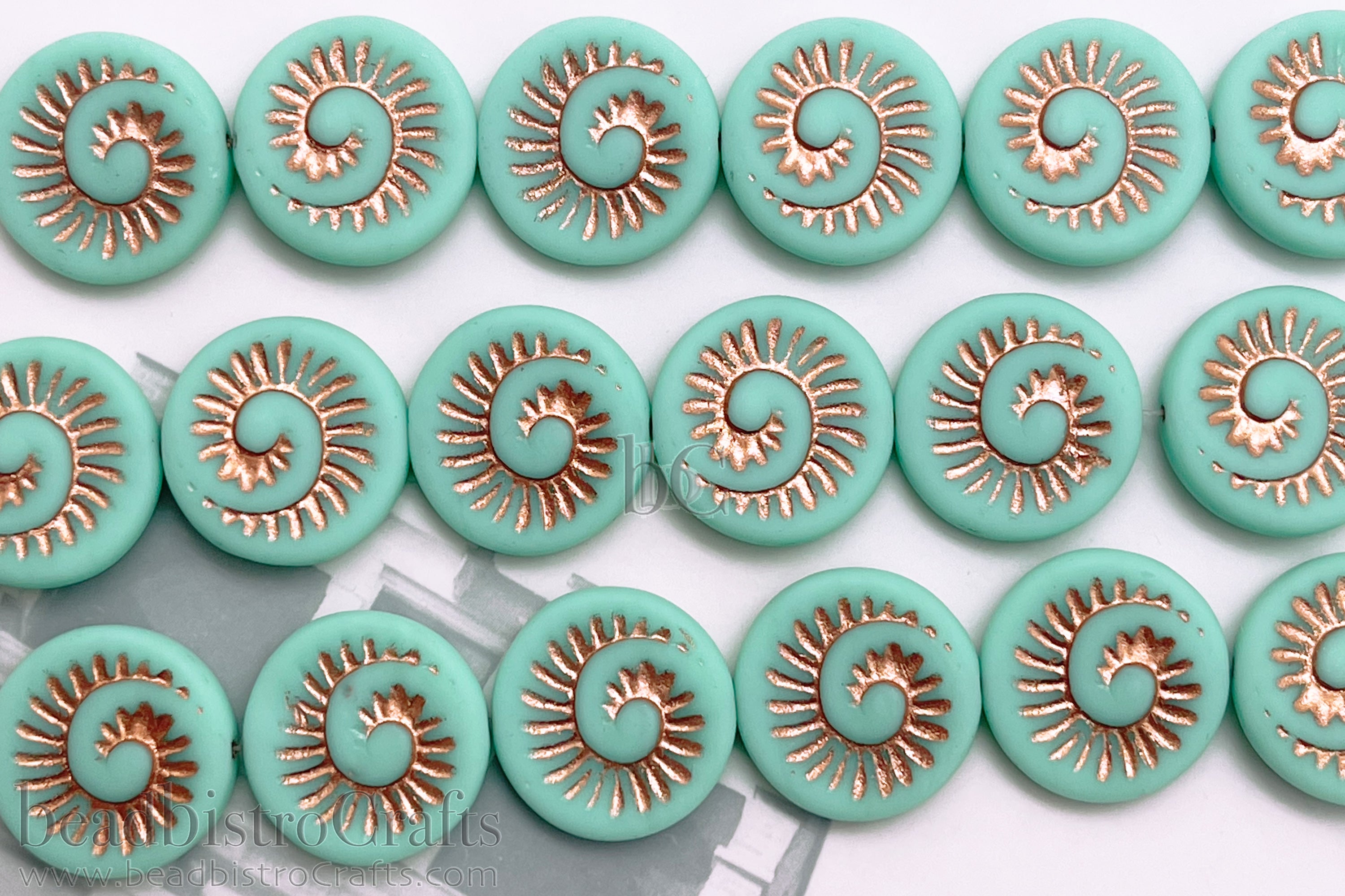 Czech Glass Ammonite Beads 18mm Opaque Frosted Pale Jade Coin Beads (4pcs)