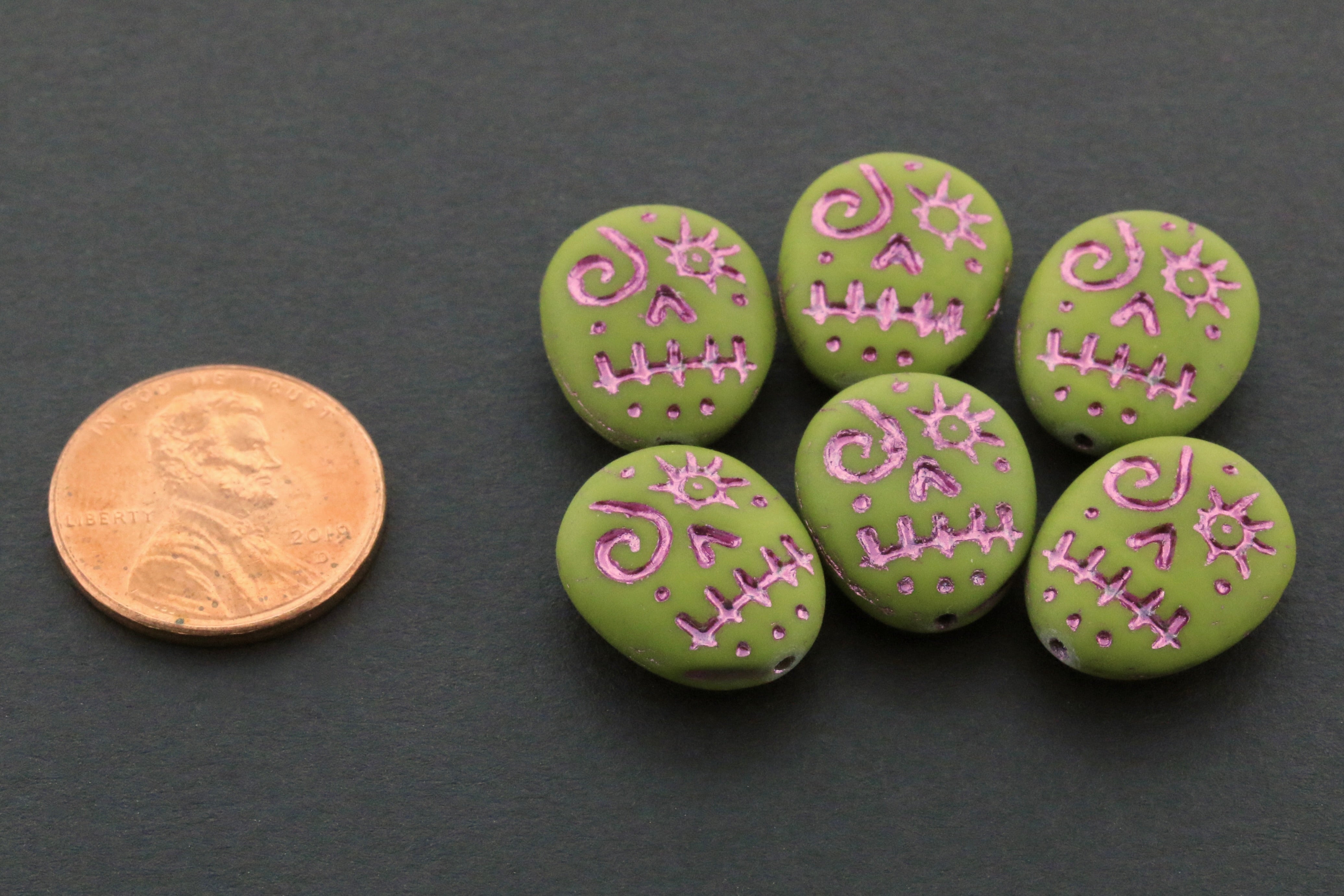Czech Glass Voodoo Skull Beads 16x13mm Frosted Opaque Dark Olive with Metallic Pink Wash (6pcs)