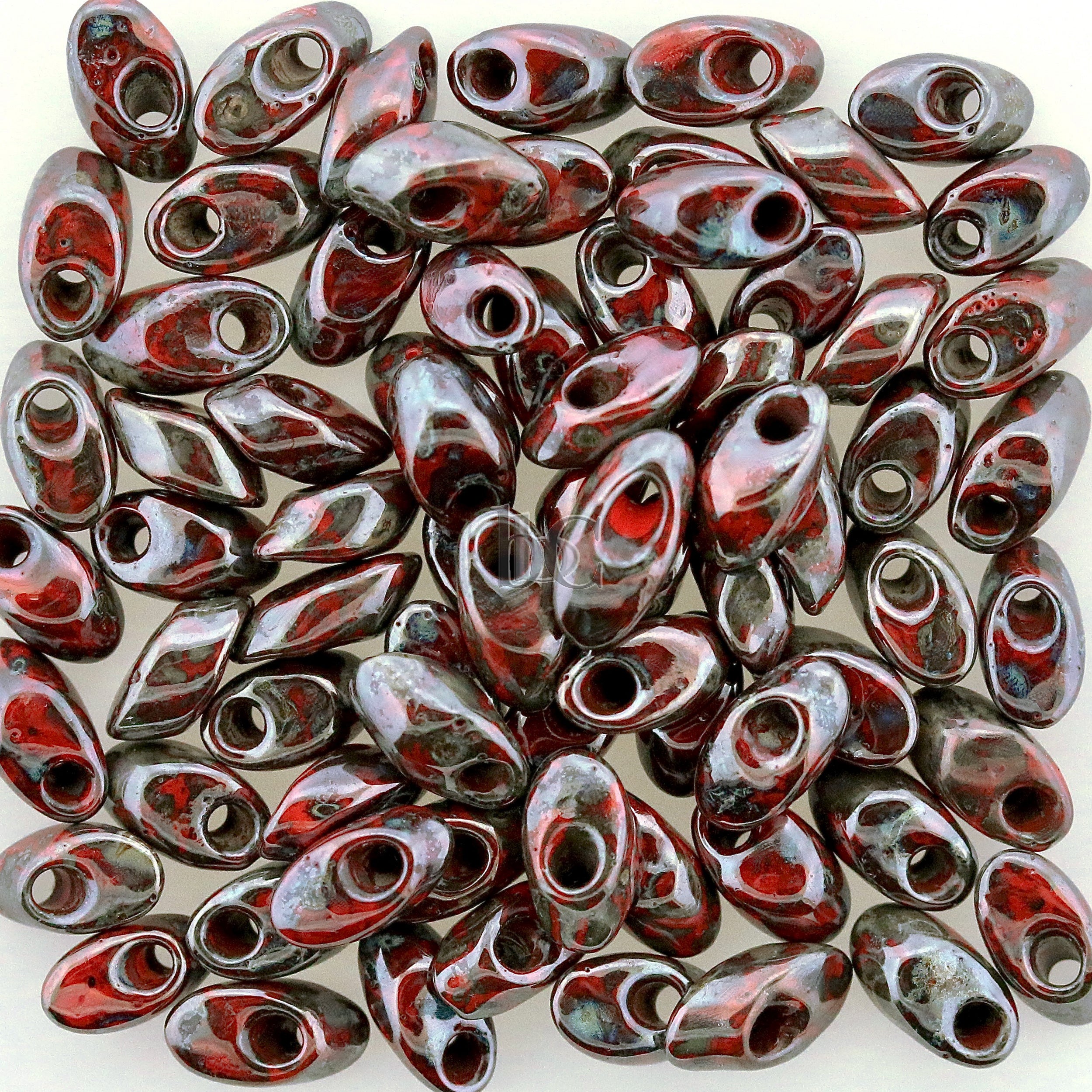 Miyuki Long Magatama Beads, Picasso Opaque Red Garnet Luster # 4513L ~ 8.5 Grams