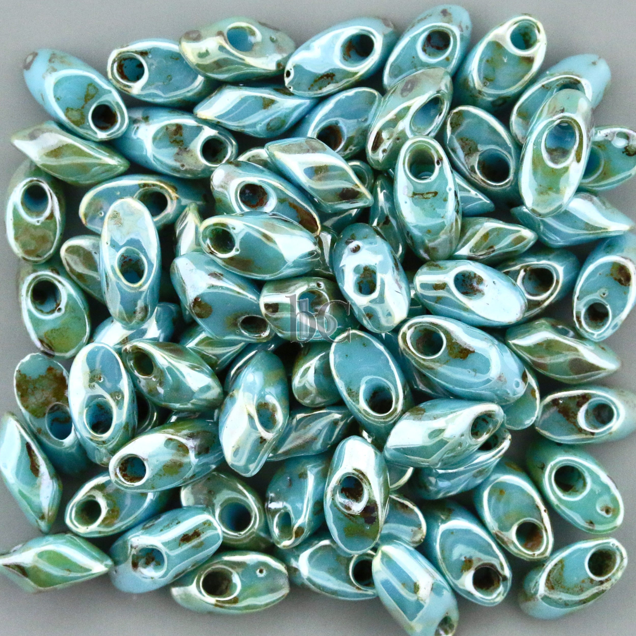 Miyuki Long Magatama Beads, Picasso Seafoam Green Luster # 4514L ~ 8.5 Grams