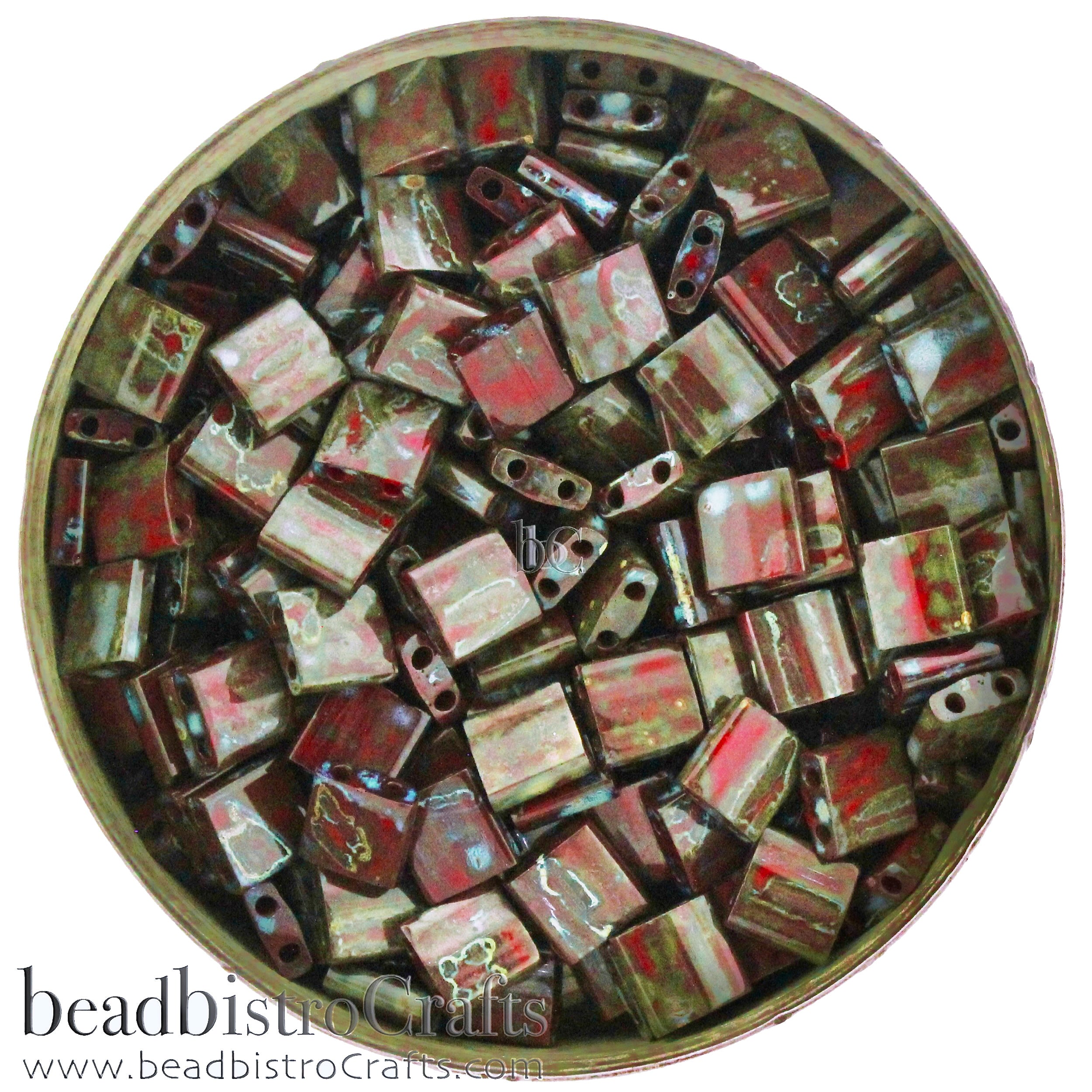 MIYUKI Full Tila Beads, Opaque Red Picasso # 4521 - 10 grams