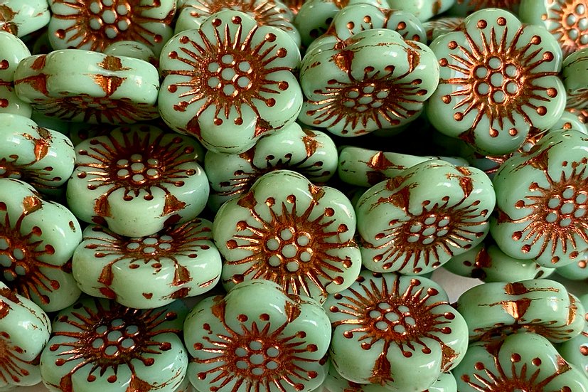 Czech Glass Beads Wild Rose 18mm Dimpled Flower Beads Jadeite Copper Bronze Wash (3pcs)