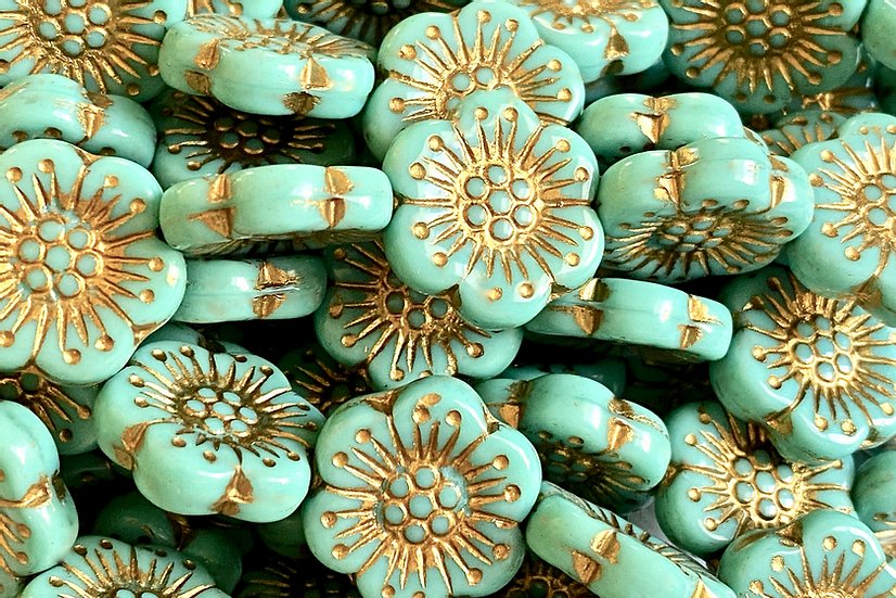 Czech Glass Beads Wild Rose 18mm Dimpled Flower Beads Jadeite Gold Wash (3pcs)