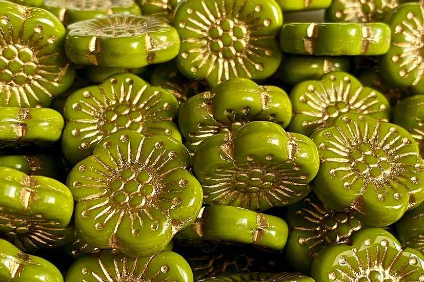 Czech Glass Beads Wild Rose 18mm Dimpled Flower Beads Olive Green Gold Wash (3pcs)