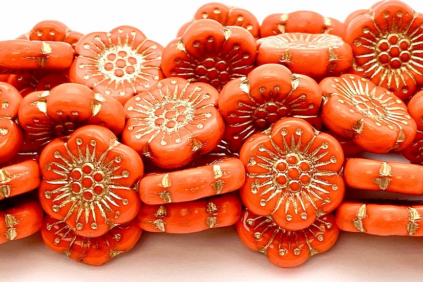 Czech Glass Beads Wild Rose 18mm Dimpled Flower Beads Orange Gold Wash (3pcs)