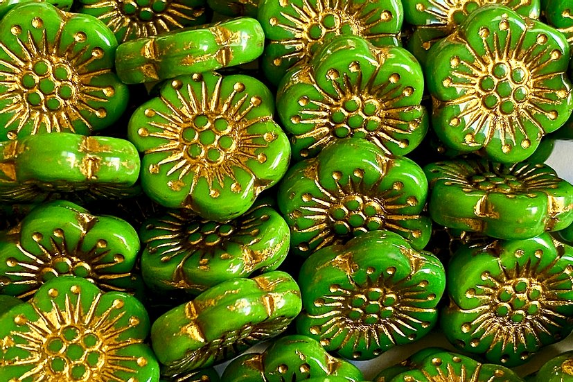 Czech Glass Beads Wild Rose 18mm Dimpled Flower Beads Shamrock Green Gold Wash (3pcs)