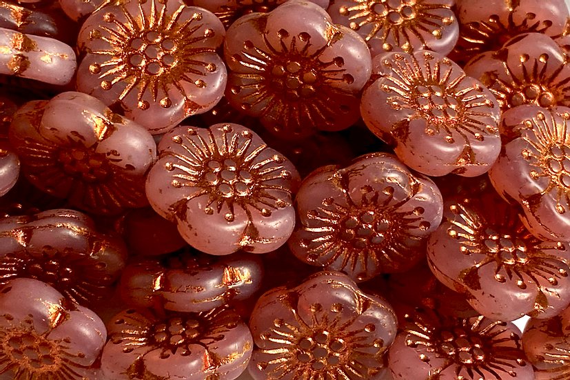 Czech Glass Beads Wild Rose 18mm Dimpled Flower Beads Matte Pink Opal Copper Wash (3pcs)