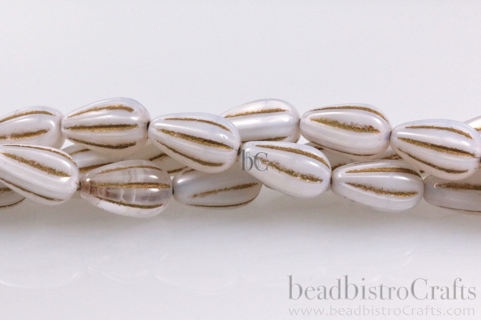 Czech Glass Melon Drop Beads 13x8mm Silky White Opal Metallic Bronze Wash (8pcs)