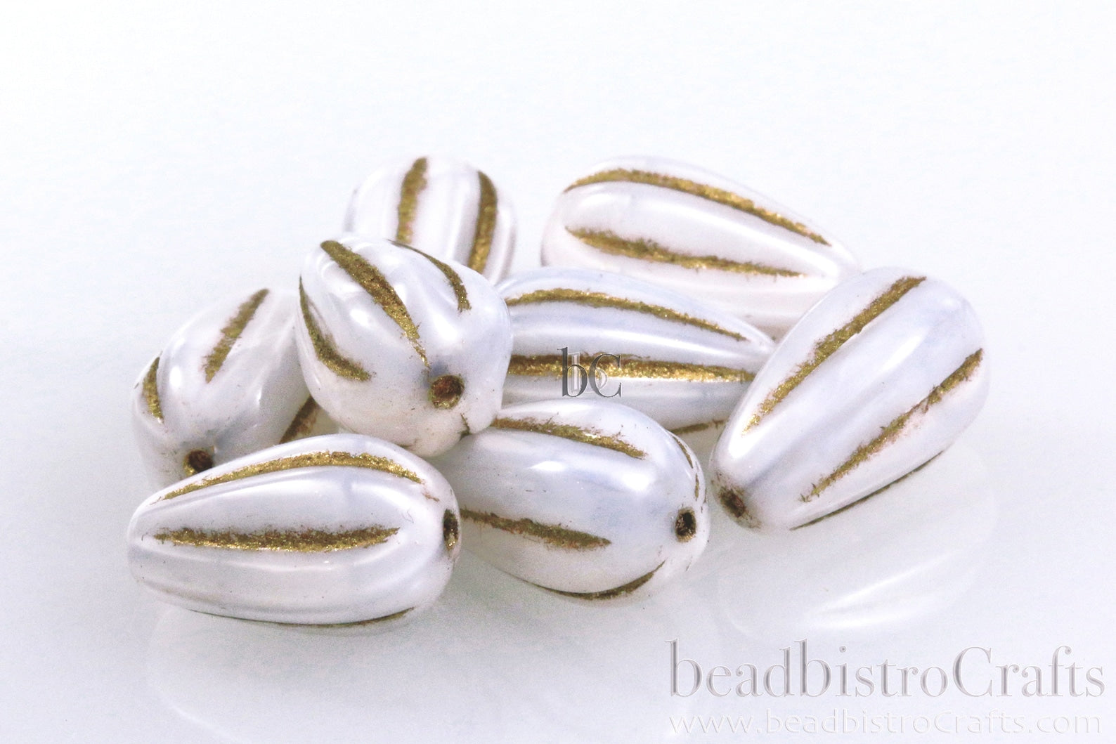 Czech Glass Melon Drop Beads 13x8mm Silky White Opal Metallic Bronze Wash (8pcs)