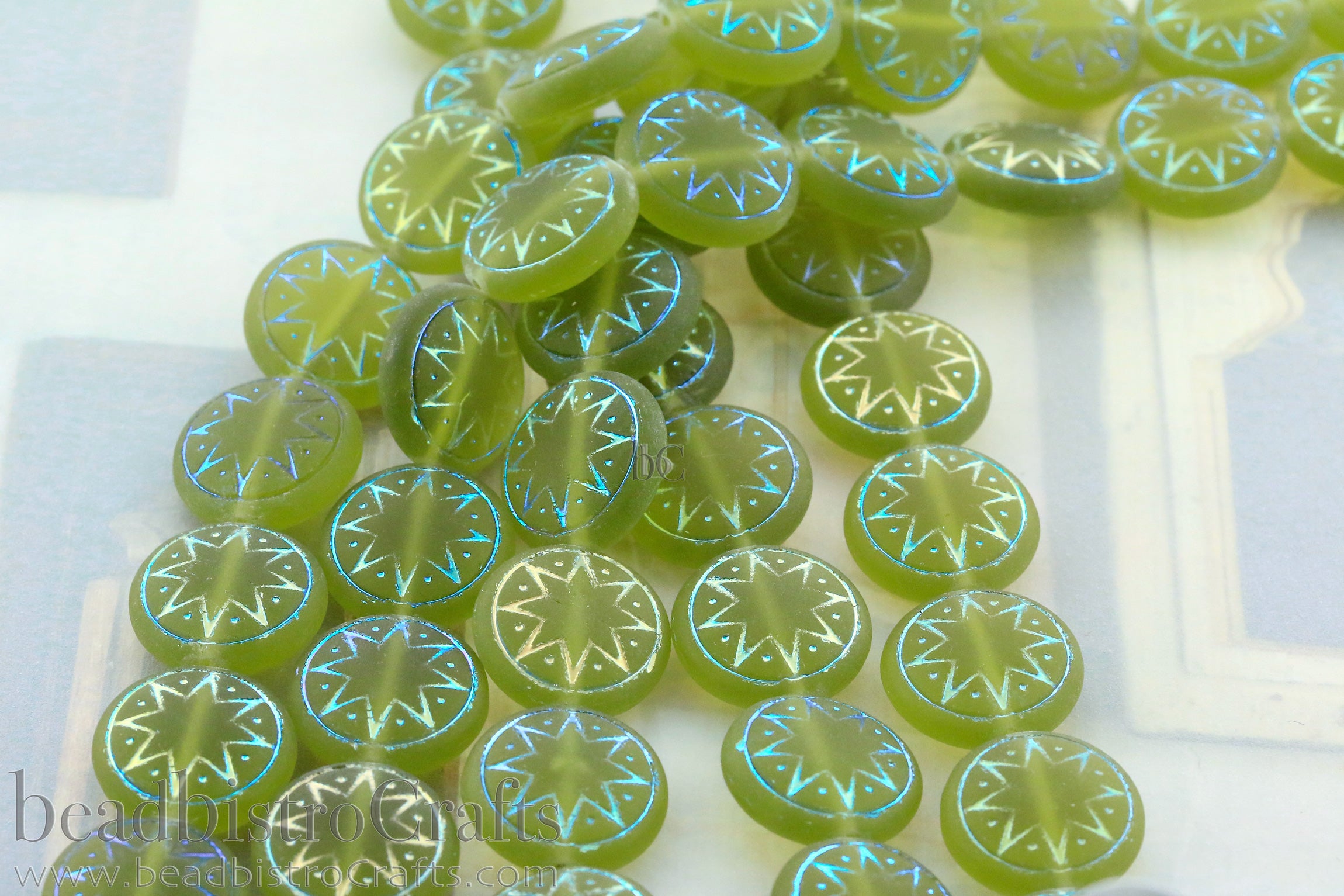 Star of Ishtar 13mm Transparent Frosted Olivine with AB Czech Glass Beads (6pcs)
