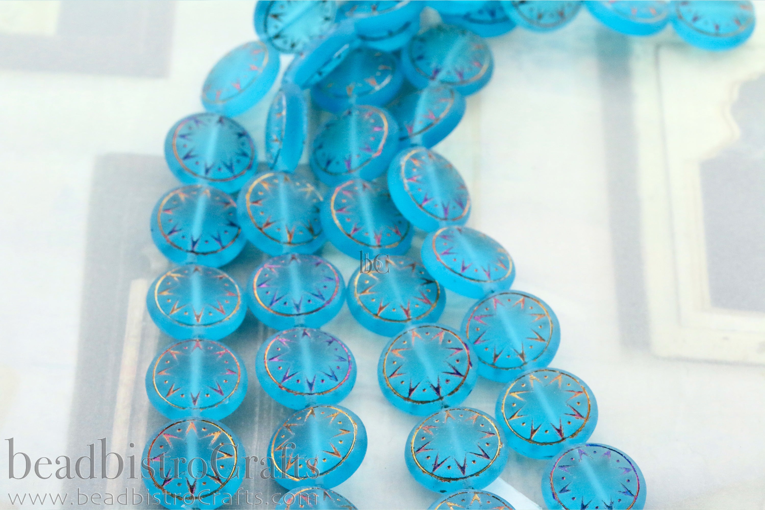 Star of Ishtar 13mm Transparent Frosted Aqua with Sliperit Czech Glass Beads (6pcs)