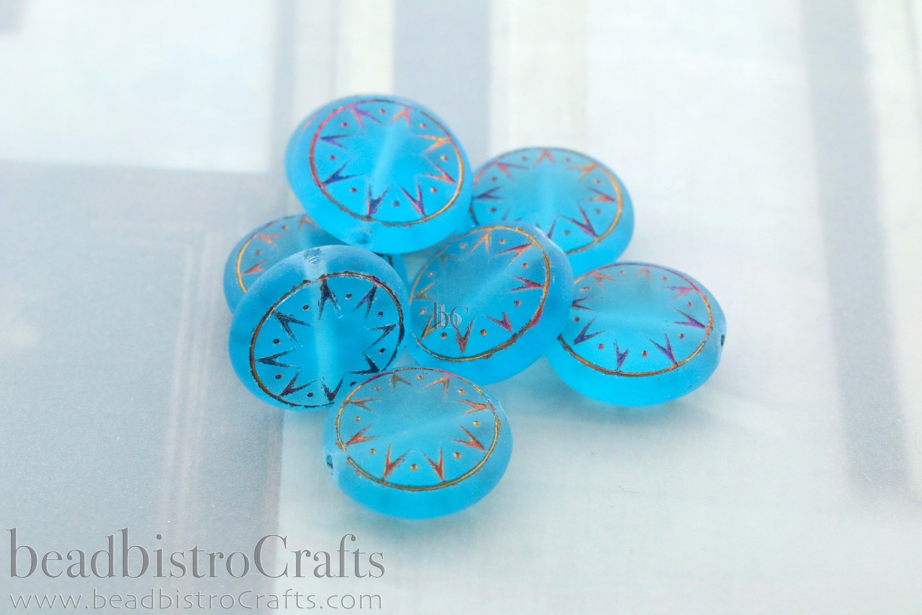 Star of Ishtar 13mm Transparent Frosted Aqua with Sliperit Czech Glass Beads (6pcs)