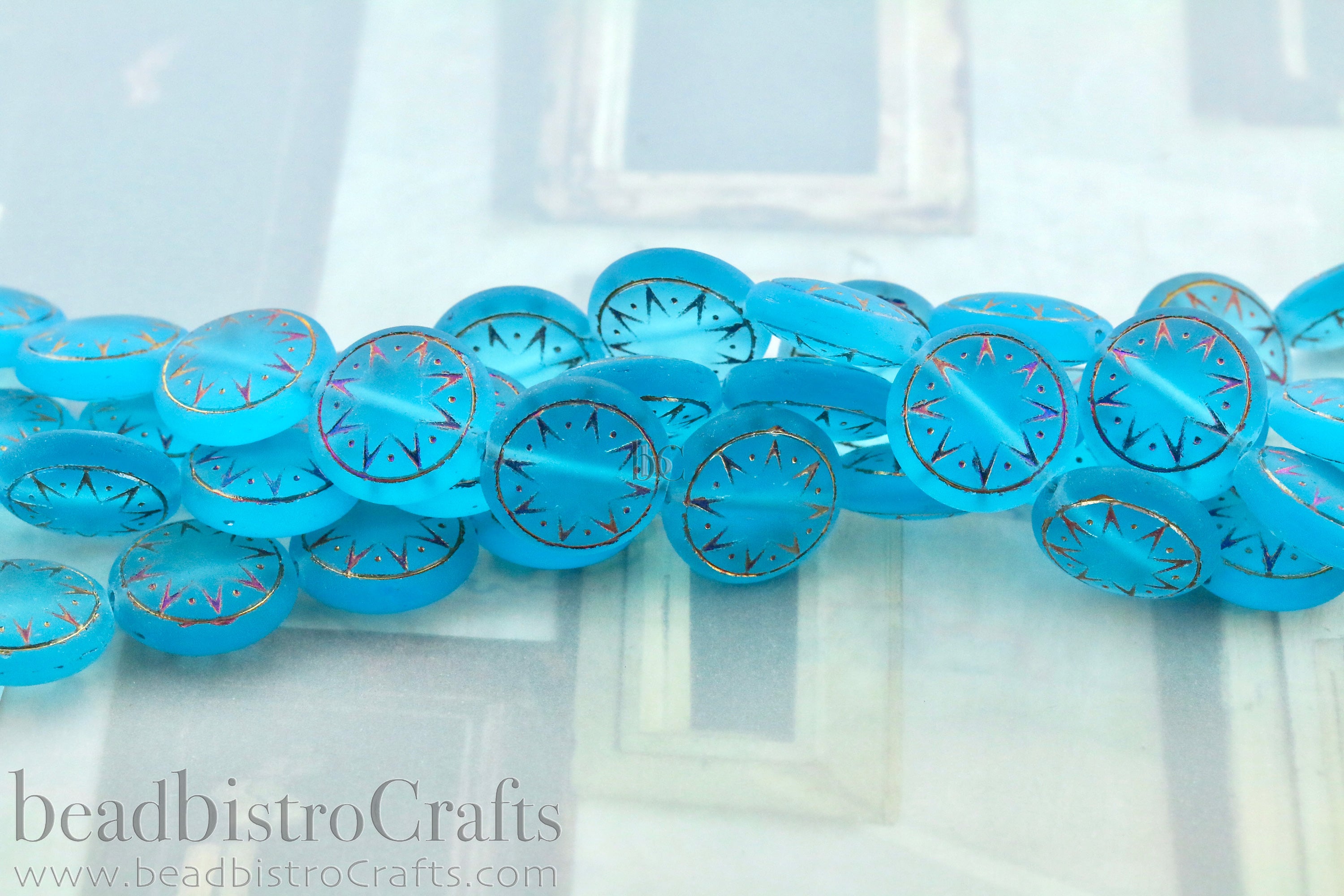 Star of Ishtar 13mm Transparent Frosted Aqua with Sliperit Czech Glass Beads (6pcs)