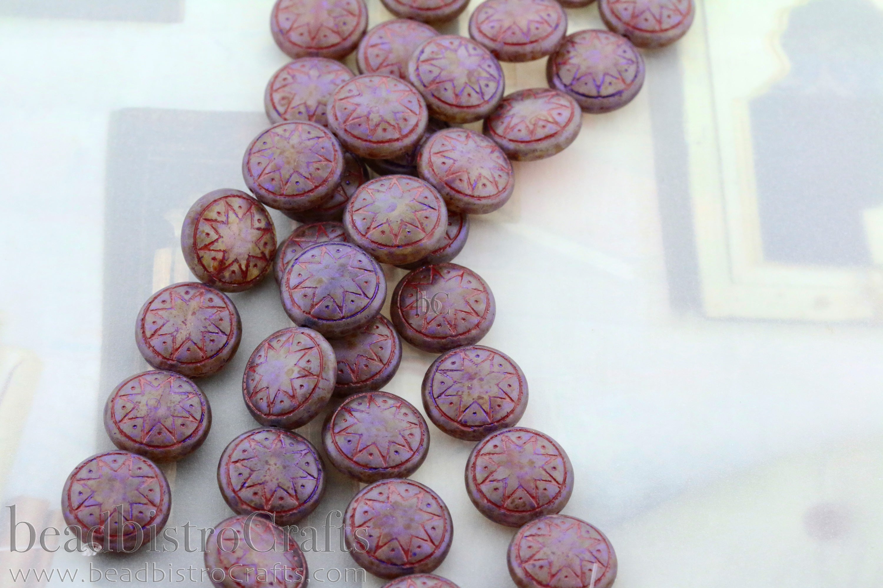 Star of Ishtar 13mm Milky Satin Plum Lazure Maroon Wash Czech Glass Beads (6pcs)