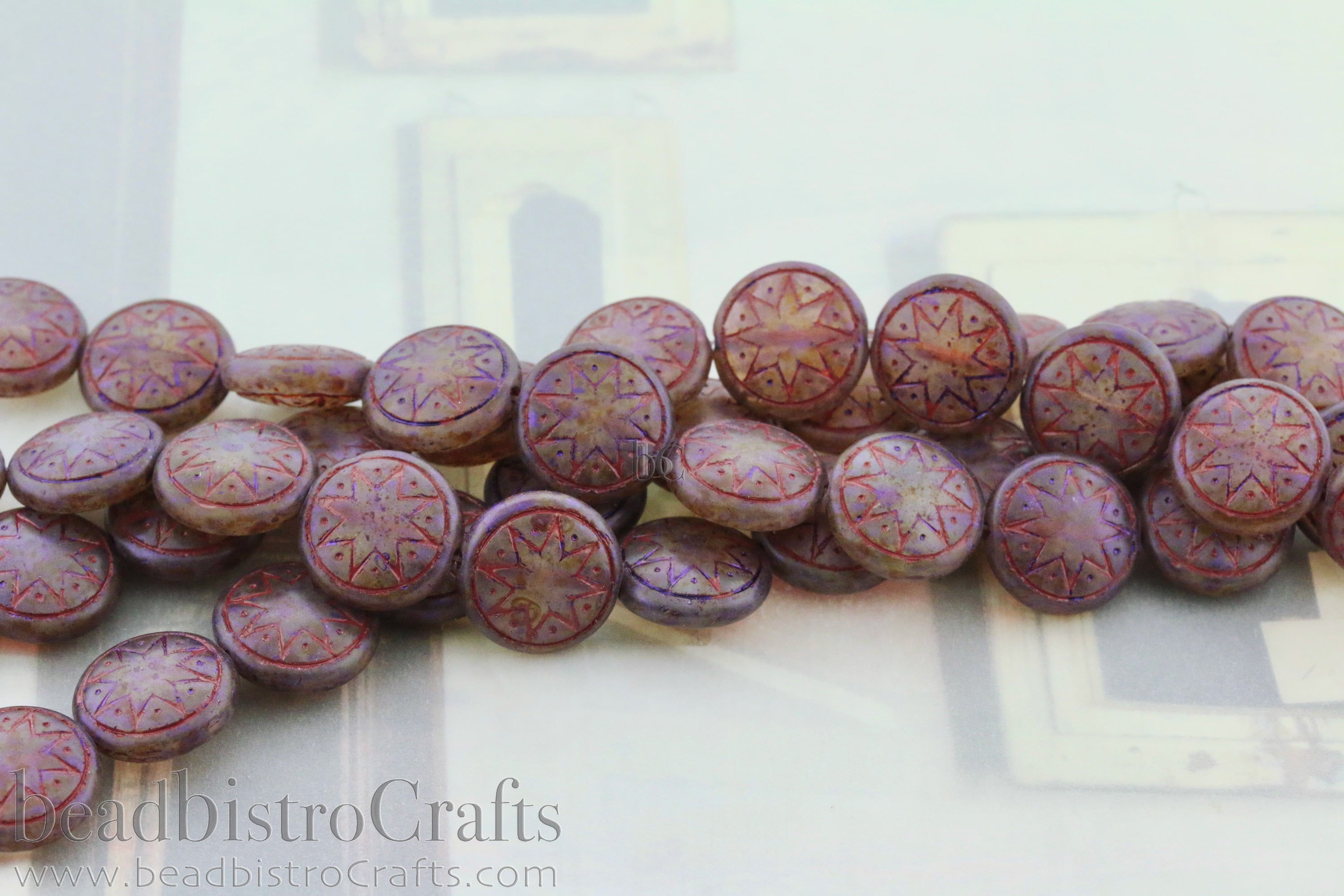 Star of Ishtar 13mm Milky Satin Plum Lazure Maroon Wash Czech Glass Beads (6pcs)