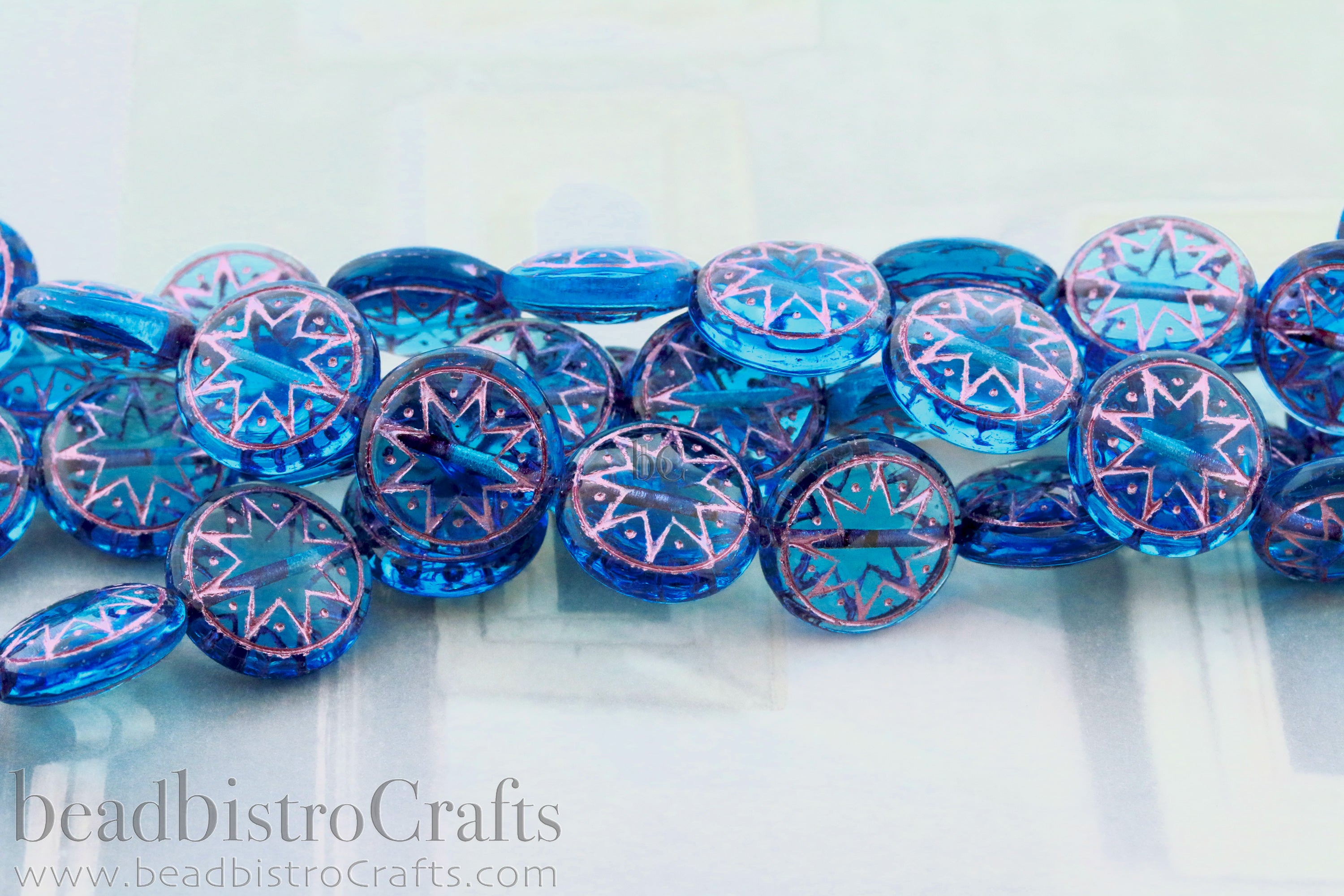 Star of Ishtar 13mm Transparent Aqua with Metallic Pink Wash Czech Glass Beads (6pcs)