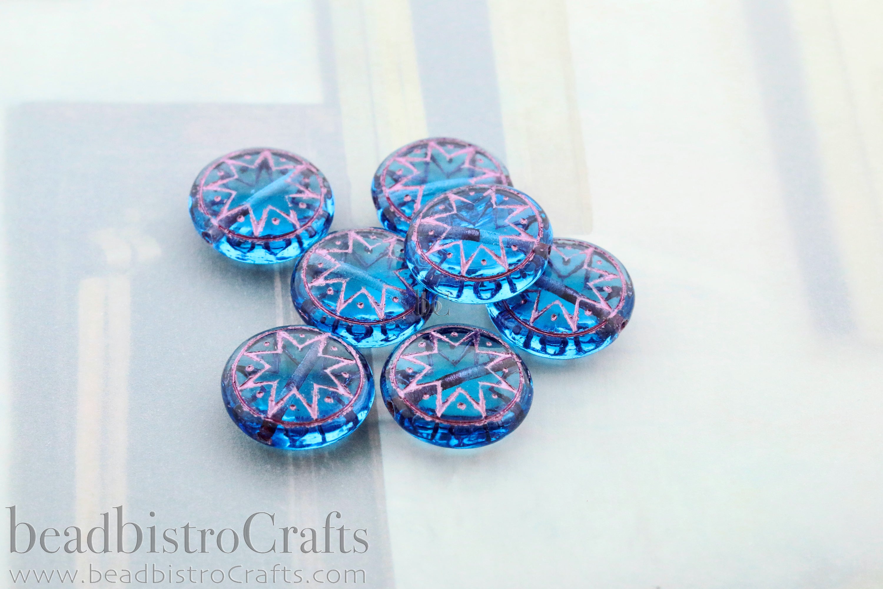 Star of Ishtar 13mm Transparent Aqua with Metallic Pink Wash Czech Glass Beads (6pcs)