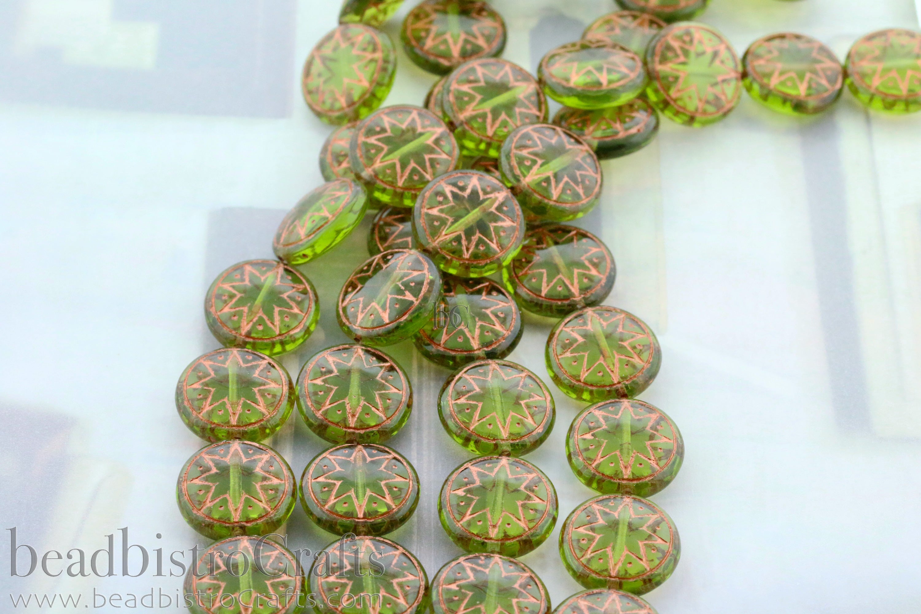 Star of Ishtar 13mm Transparent Olivine with Metallic Copper Wash Czech Glass Beads (6pcs)
