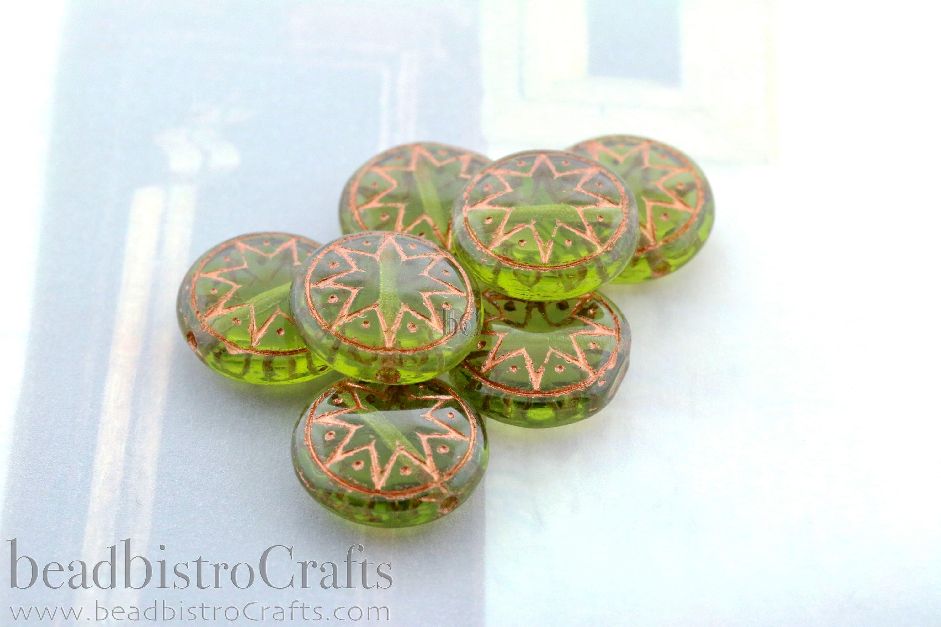 Star of Ishtar 13mm Transparent Olivine with Metallic Copper Wash Czech Glass Beads (6pcs)