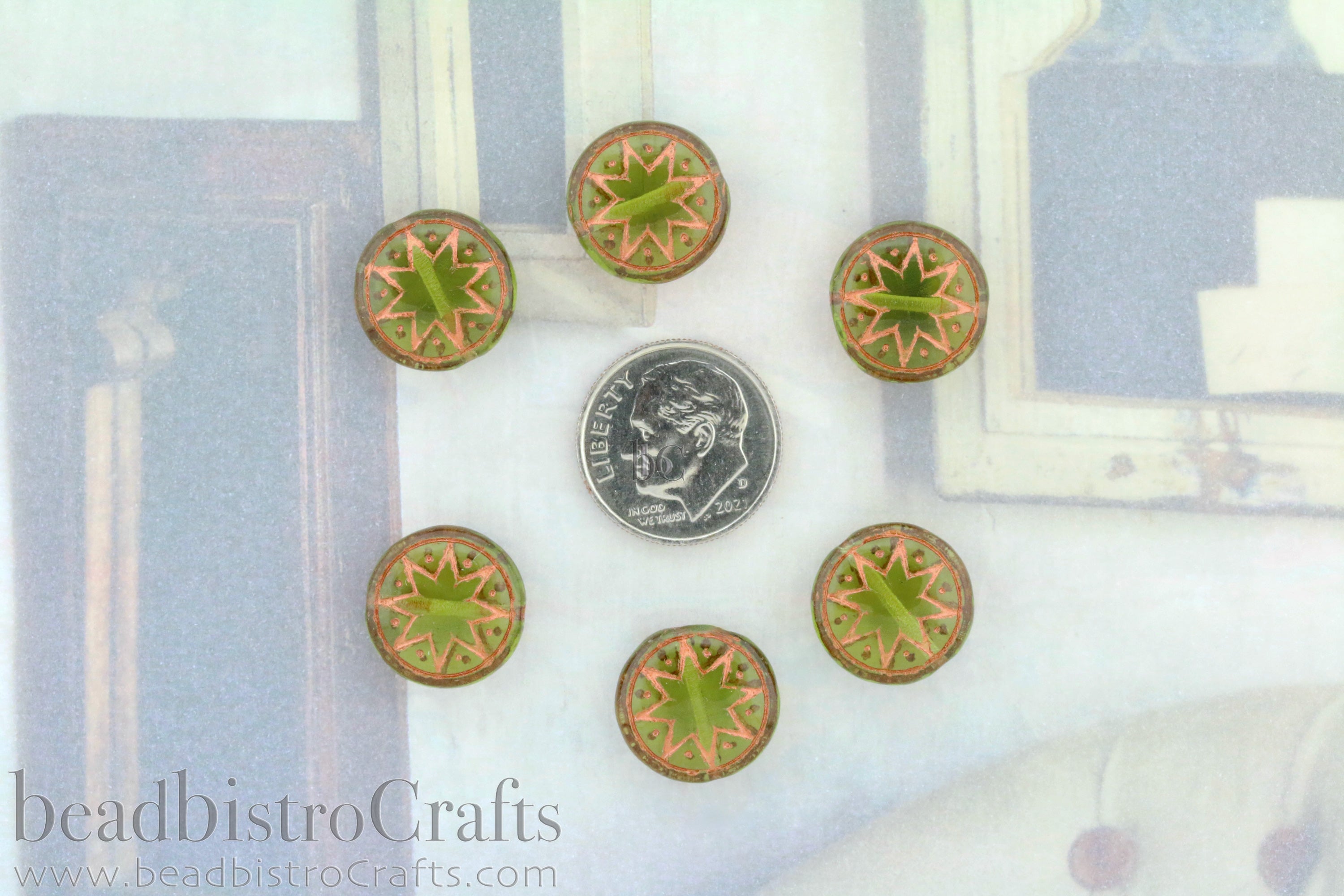 Star of Ishtar 13mm Transparent Olivine with Metallic Copper Wash Czech Glass Beads (6pcs)