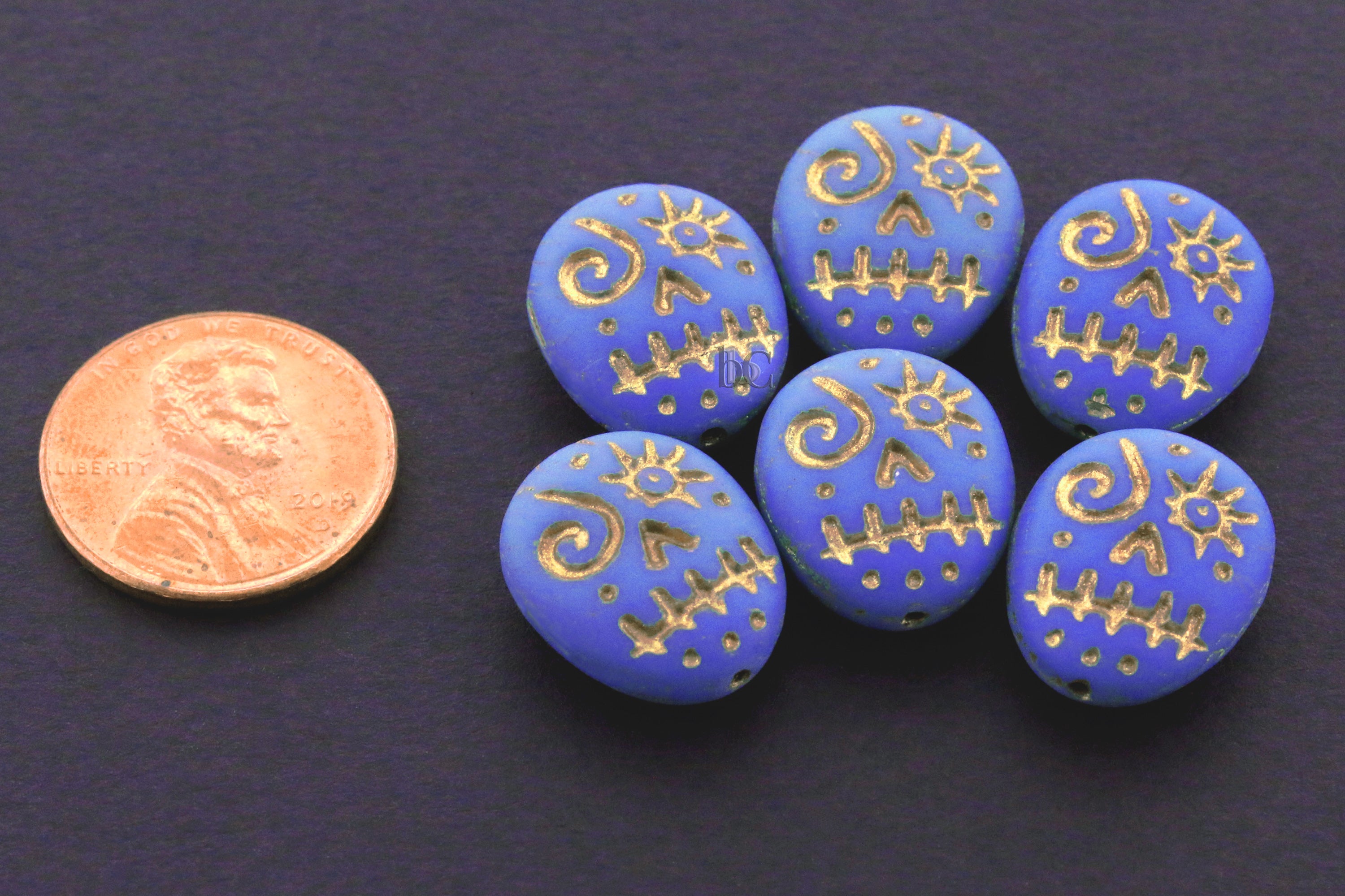 Czech Glass Voodoo Skull Beads 16x13mm Frosted Periwinkle Blue with Metallic Gold Wash (6pcs)