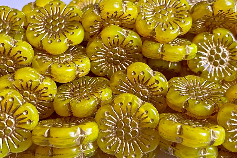 Czech Glass Beads Wild Rose 18mm Dimpled Flower Beads Yellow Opal Gold Wash (3pcs)
