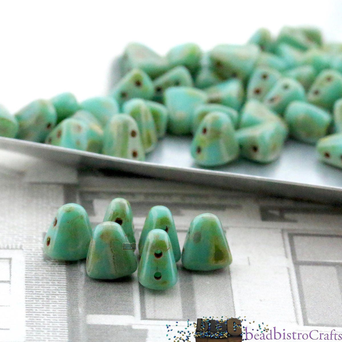 50pcs Czech NIB-BIT beads - new 2 hole Nib Bit - Opaque Turquoise PICASSO - 6x5mm
