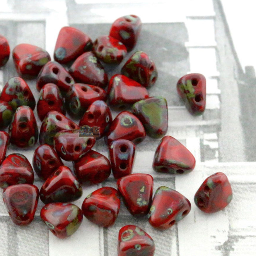 50pcs Czech NIB-BIT beads - new 2 hole Nib Bit - Opaque Red PICASSO - 6x5mm