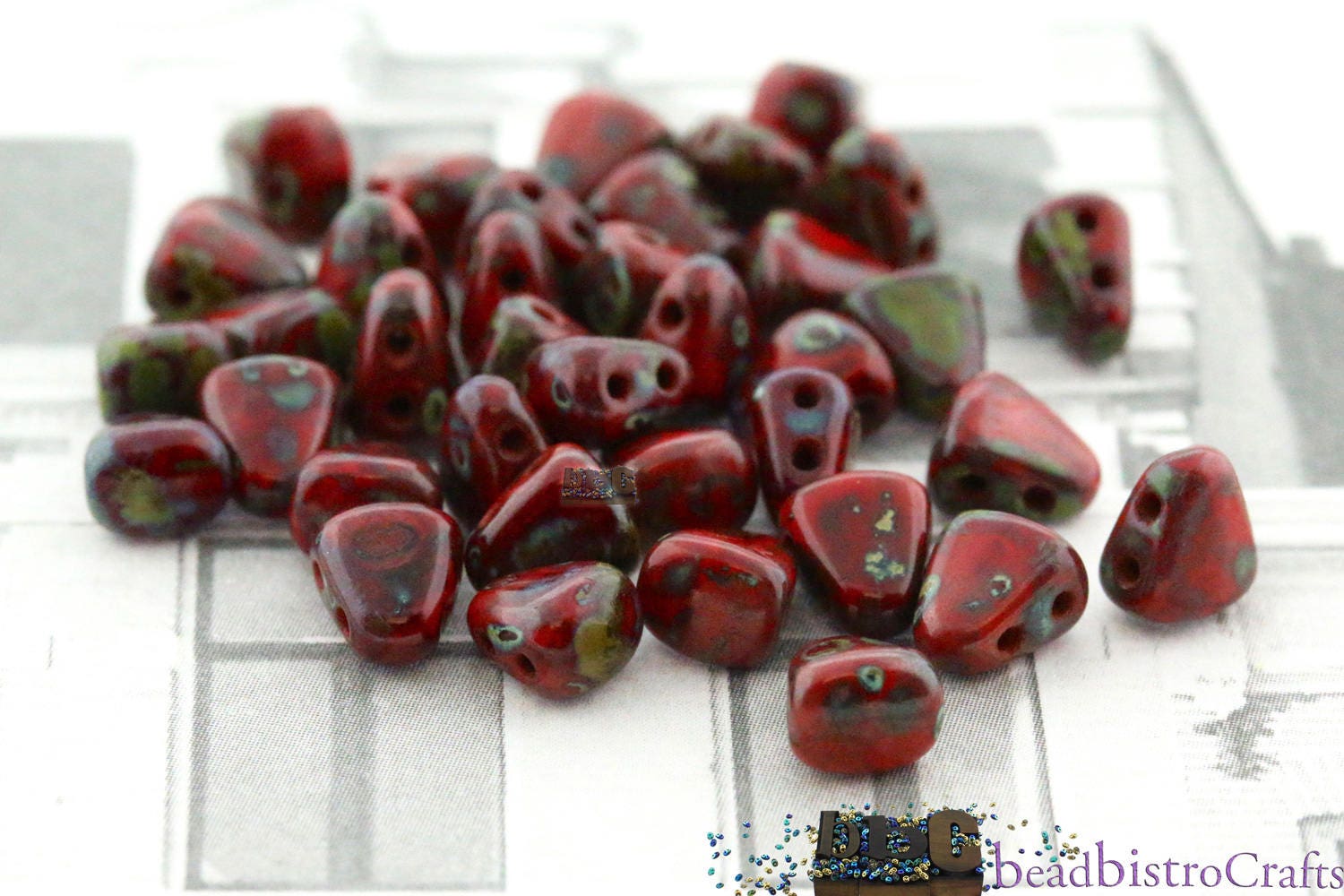 50pcs Czech NIB-BIT beads - new 2 hole Nib Bit - Opaque Red PICASSO - 6x5mm