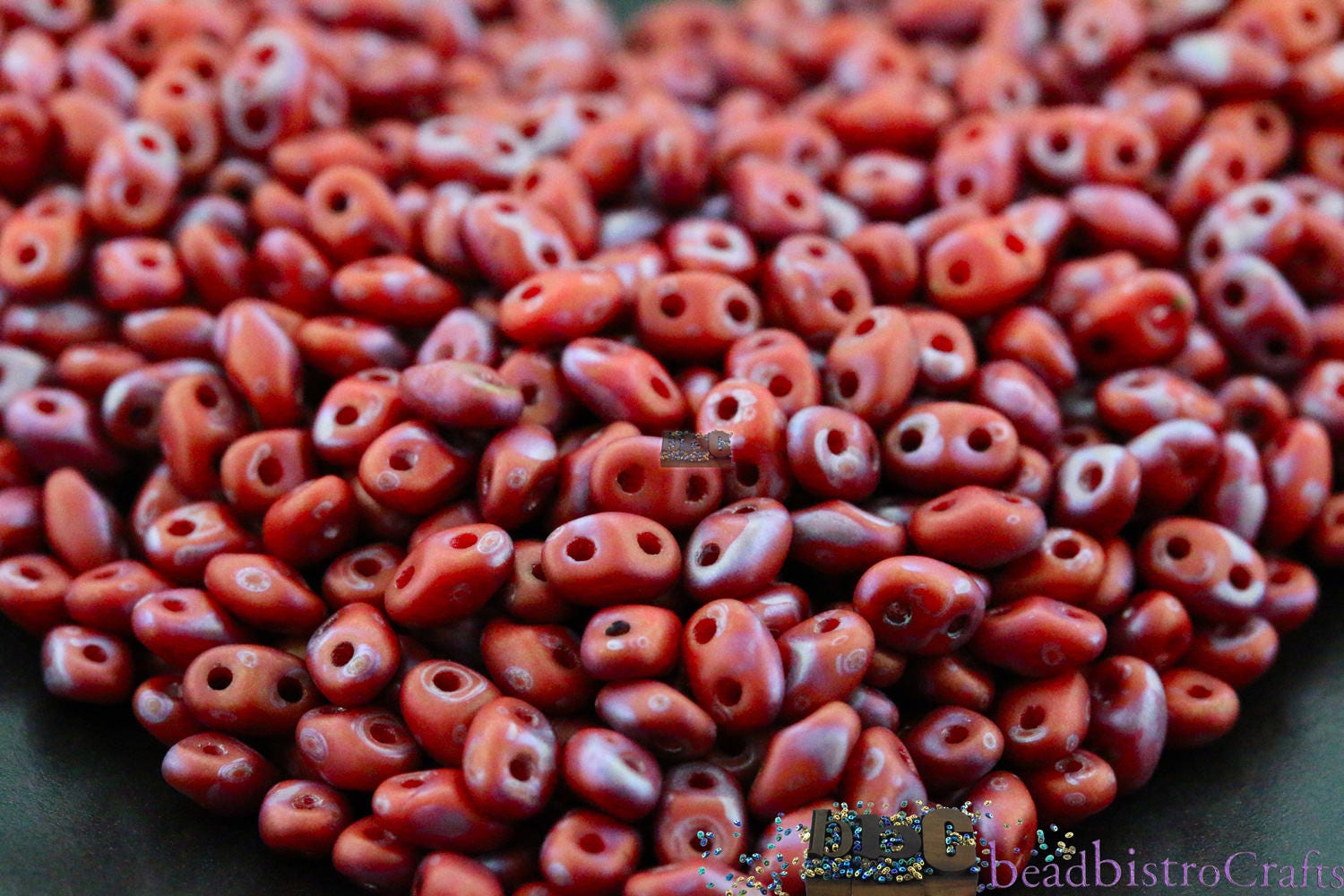 10g Czech MINIDuo 2 hole beads NEBULA Coral Red MATTE 2x4mm
