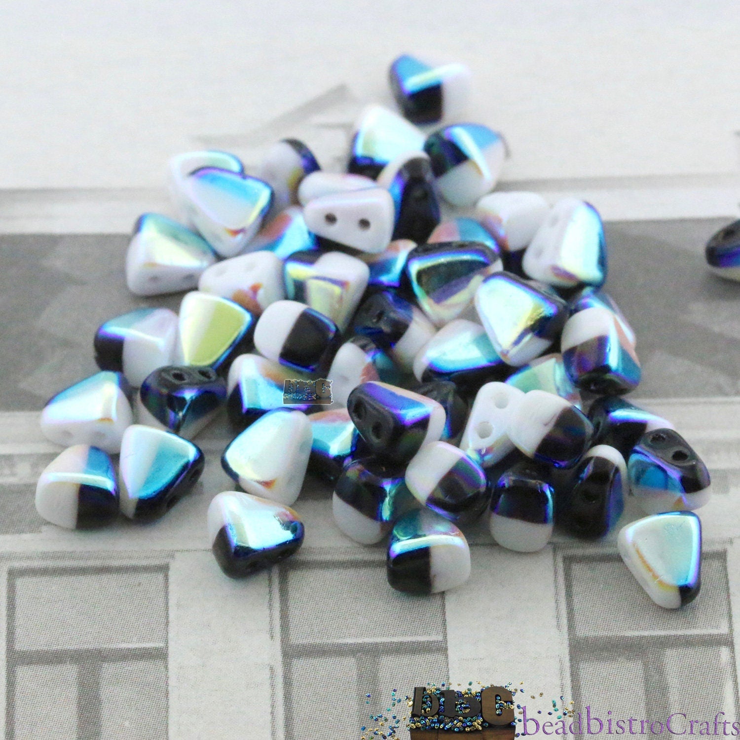 50pcs Czech Duet NIB-BIT beads - new 2 hole Nib Bit - Duet Black/ White Full AB - 6x5mm