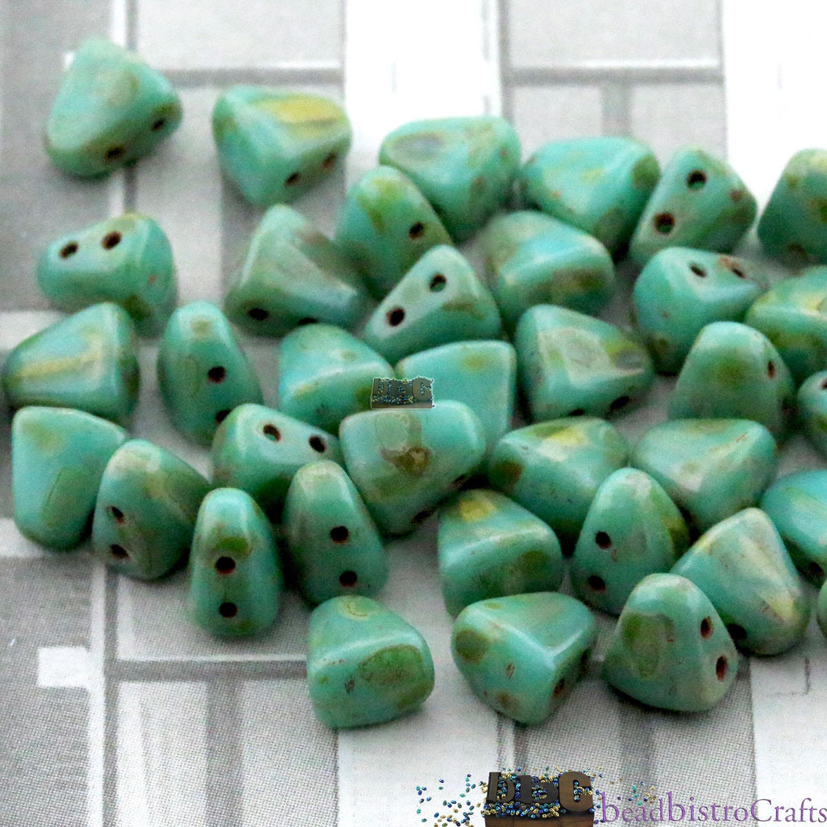 50pcs Czech NIB-BIT beads - new 2 hole Nib Bit - Opaque Turquoise PICASSO - 6x5mm