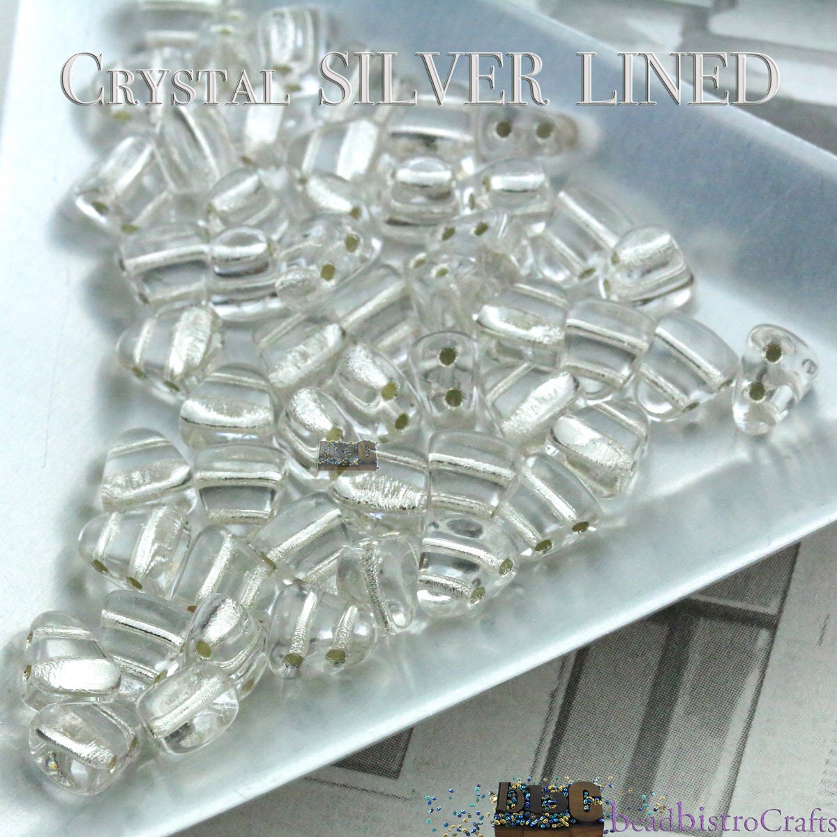 50pcs Czech NIB-BIT beads - new 2 hole Nib Bit - Crystal SILVER Lined - 6x5mm