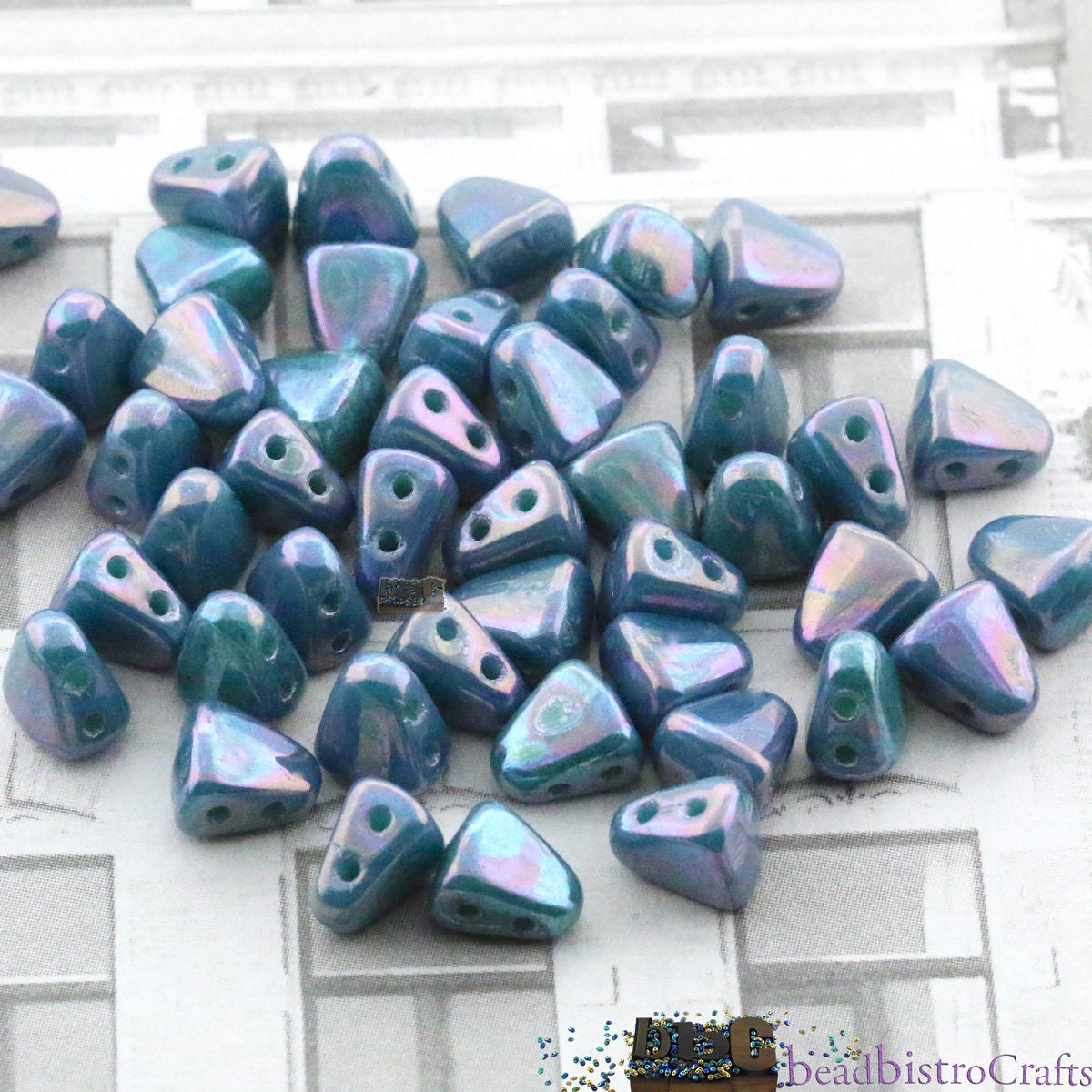 50pcs Czech NIB-BIT beads - new 2 hole Nib Bit - Turquoise Green NEBULA - 6x5mm