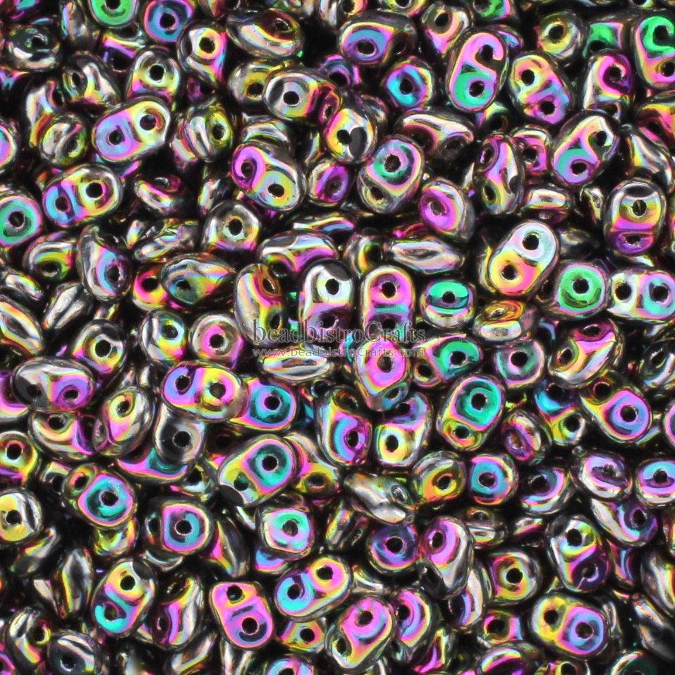 10g Czech SuperDuo 2 hole beads - Jet Full VITRAIL Green ** 2.5x5mm