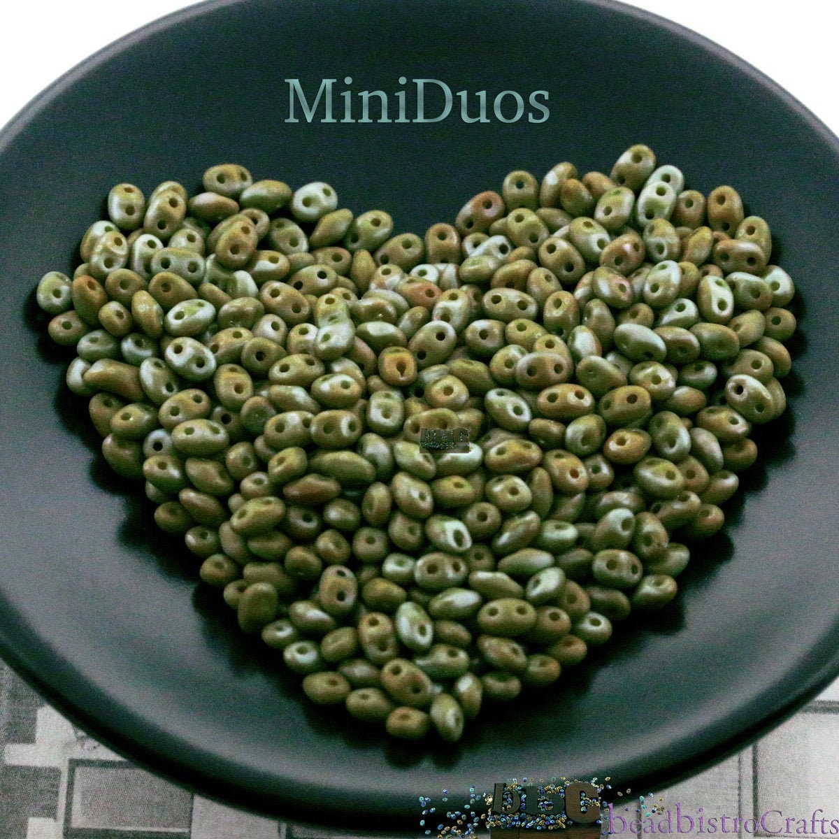 10g Czech MINIDuo 2 hole beads NEBULA Opaque Olive MATTE 2x4mm