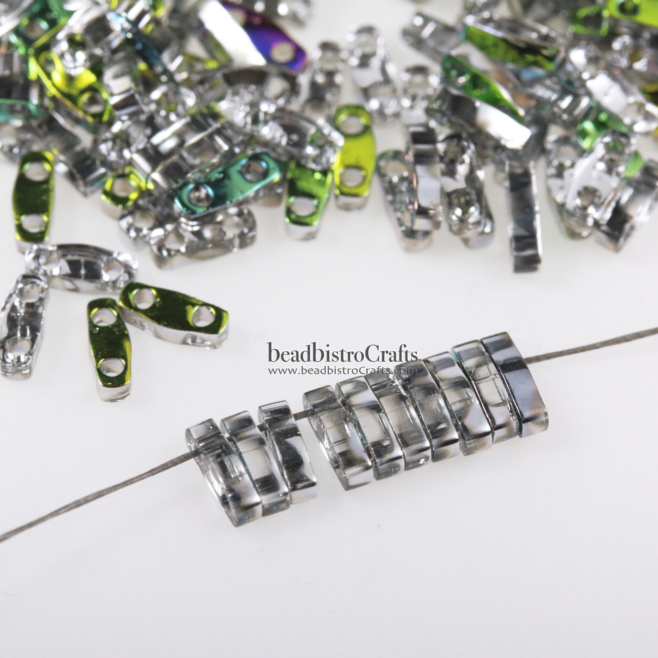 5g MIYUKI - 1/4 Tila Beads - Crystal VITRAIL * Czech Silver Finish * - size 5mm x 1.2mm x 1.9mm - 2 hole - Quarter Tila