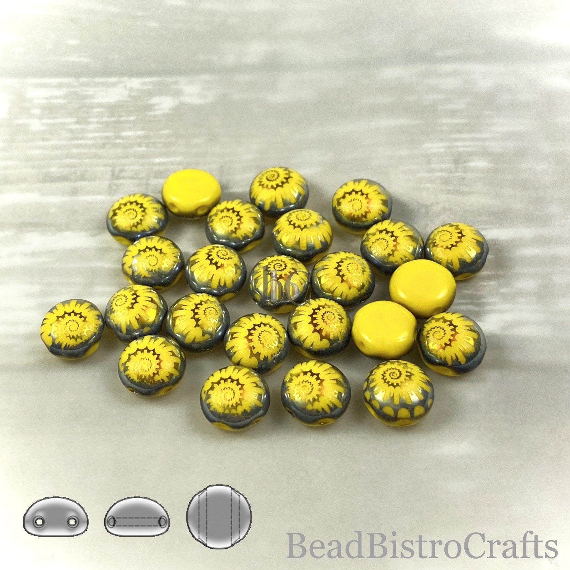 Laser Tattoo 8mm 2-hole CANDY Cabochon Beads - 24 or 48pcs - Czech 2-hole Preciosa * cabochon - Opaque Lemon Yellow MAREA NAUTILUS Tattoo