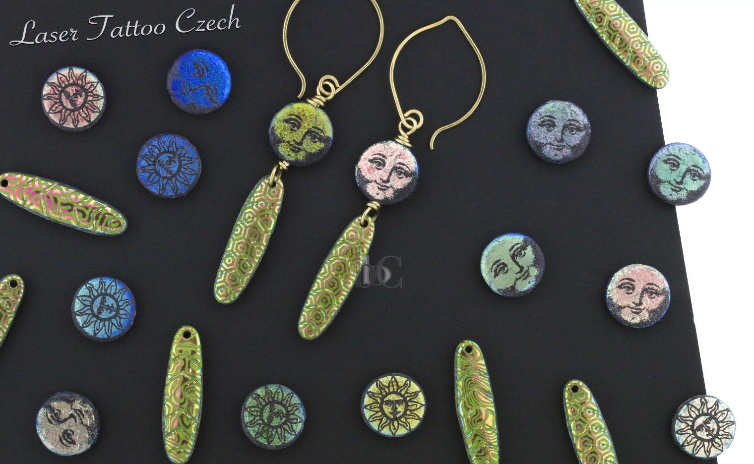 2pcs Laser Tattoo CHEVRON DAGGERS * Original Czech Glass Beads - Opaque Olive Vitrail CRACKLE - 30x9mm Dagger Beads front drill - 0.9mm hole