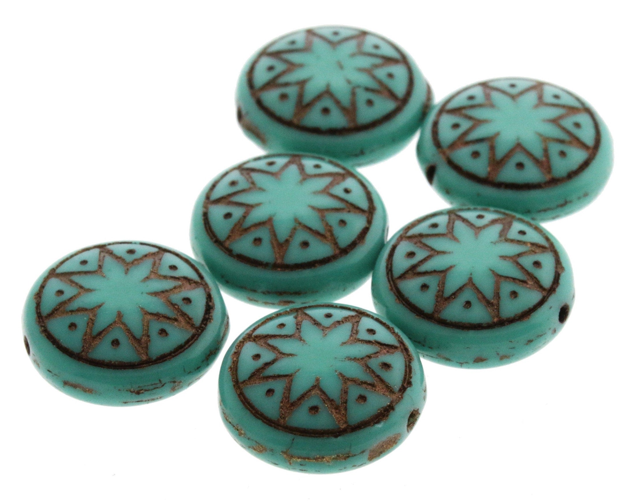 6pcs Czech Star of Ishtar beads - pressed Czech glass puffed coins - Opaque Green Turquoise with DARK BRONZE wash - 13mm