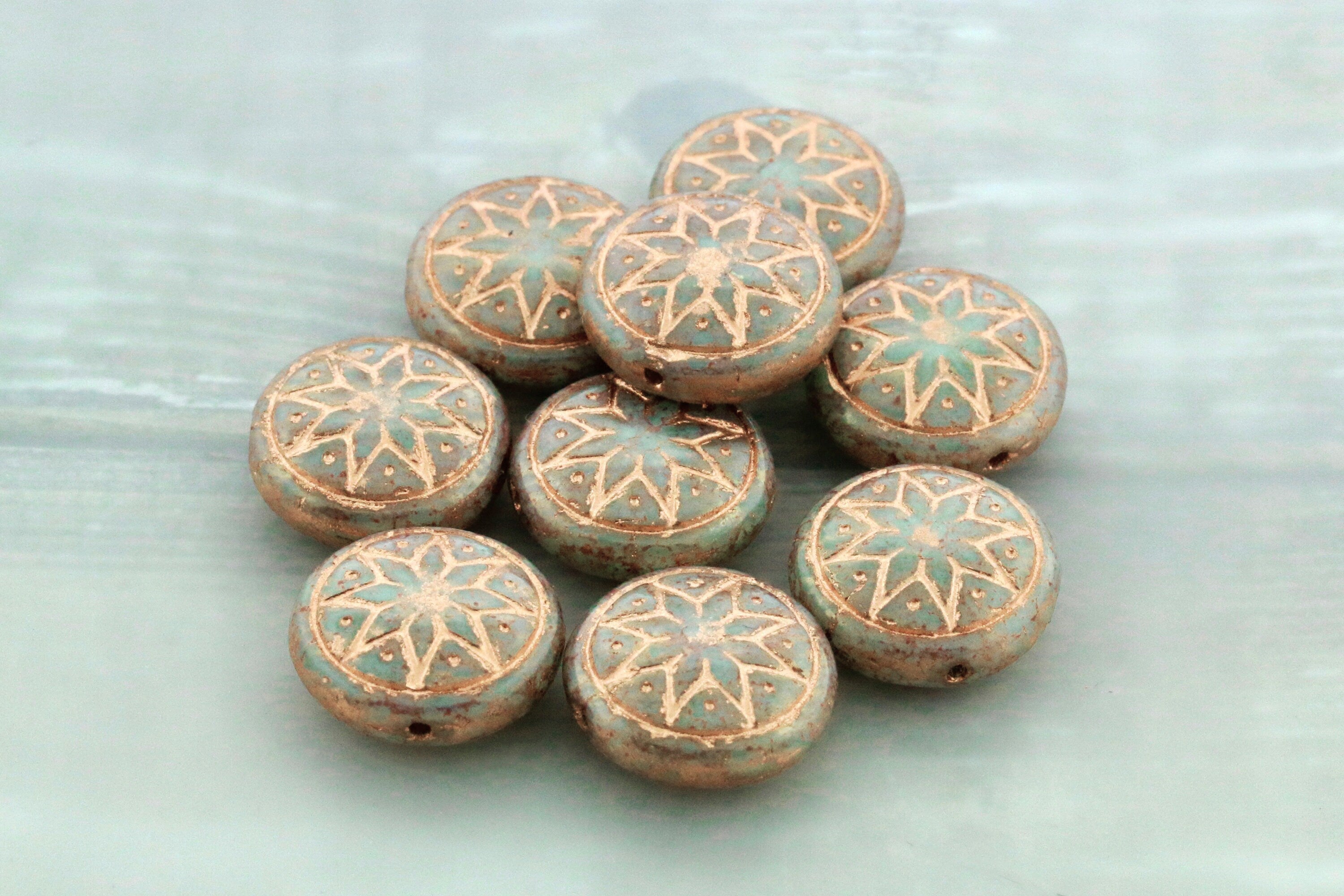 6pcs Czech Star of Ishtar beads - pressed Czech glass puffed coins - Pale Jade TERACOTA LUSTER Rose GOLD Wash - 13mm