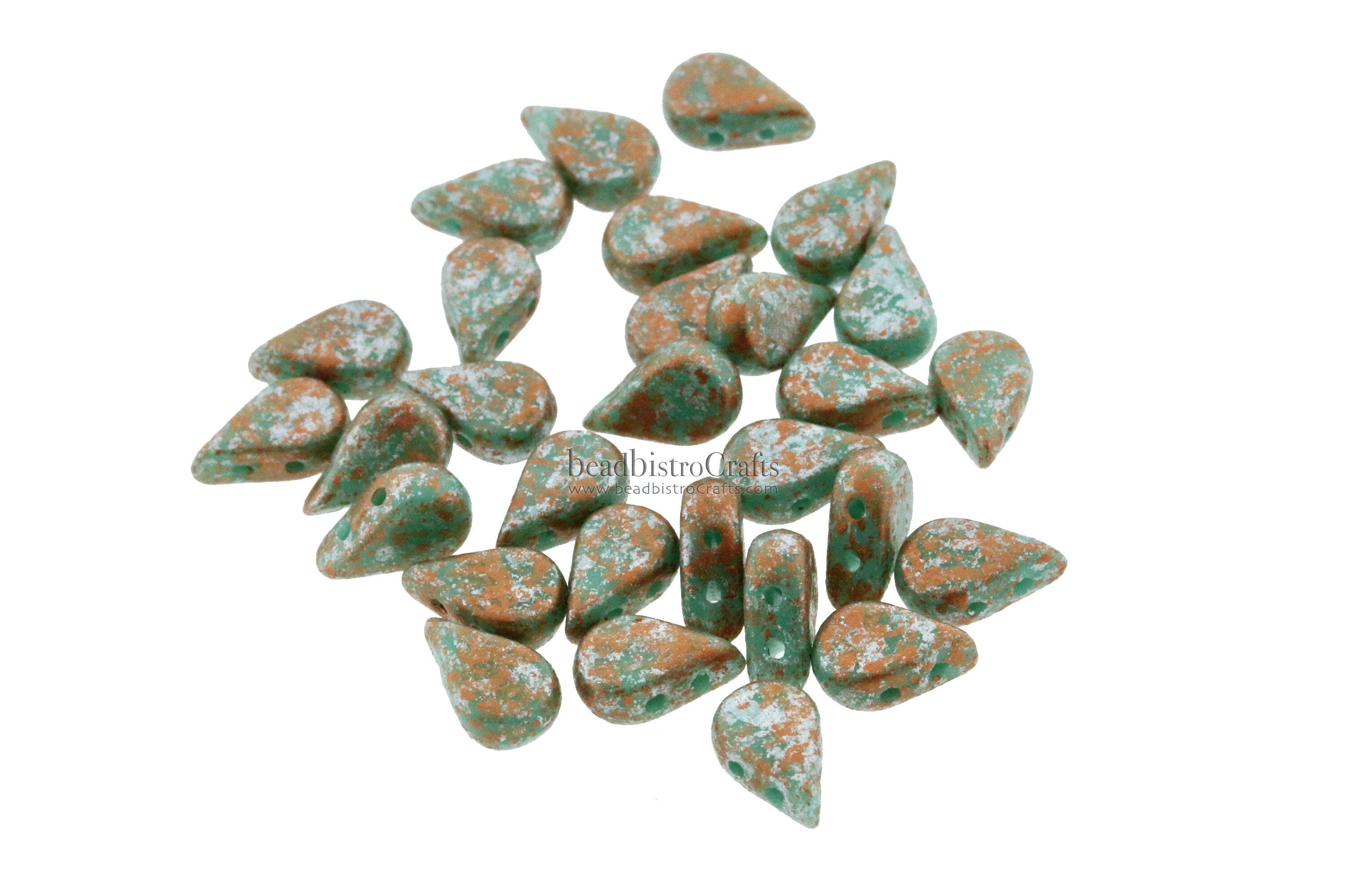 30pcs Czech AMOS® Par Puca® beads - 2 hole beads - Opaque Green Turquoise TWEEDY - 5x8mm - drop beads
