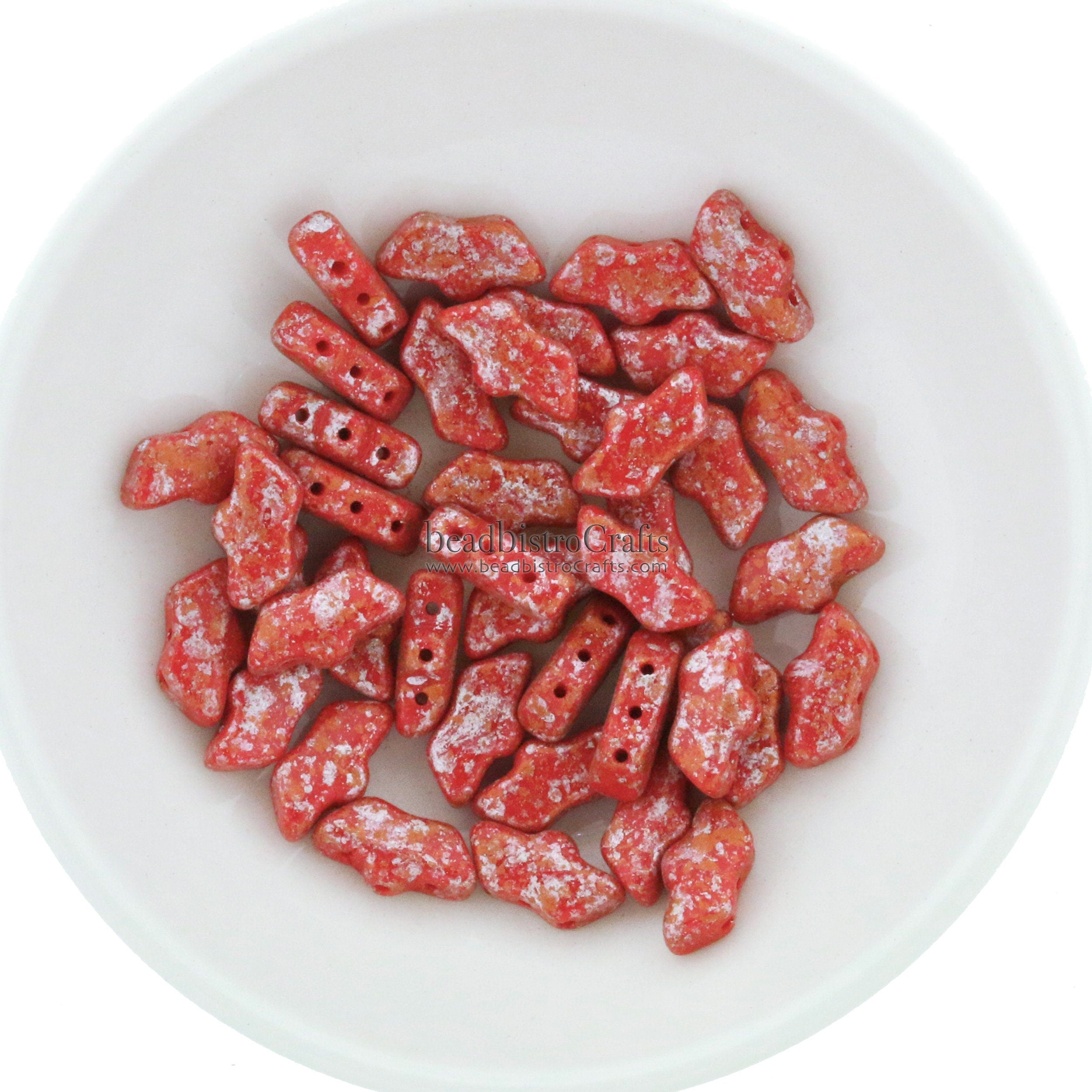 20pcs Czech DELOS® Par Puca® beads - 3 hole beads - Opaque Coral Red TWEEDY - 6x11mm