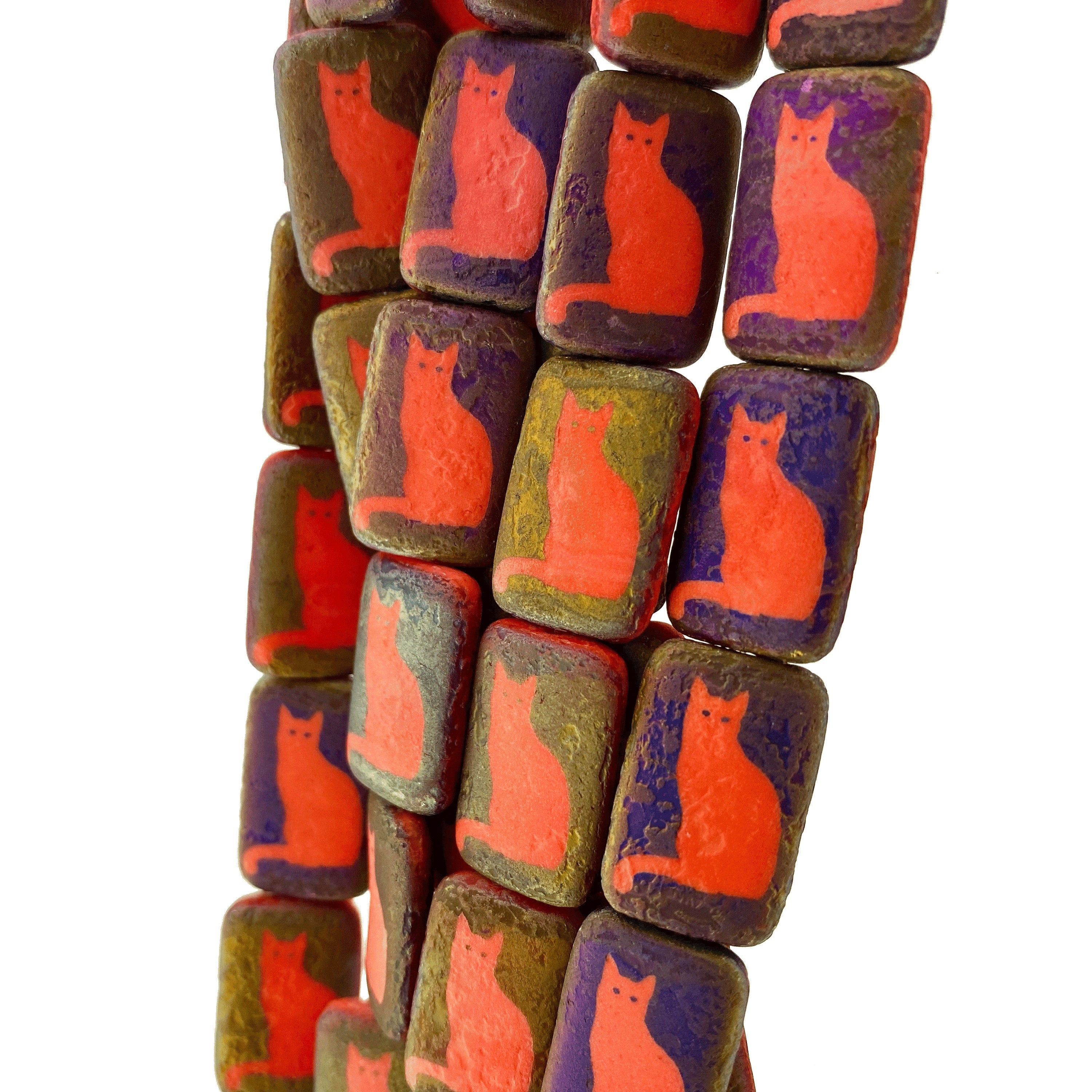 Czech Glass Beads ~ Cat Opaque Coral Sliperit - 18x12mm Laser Tattoo Etched Beads