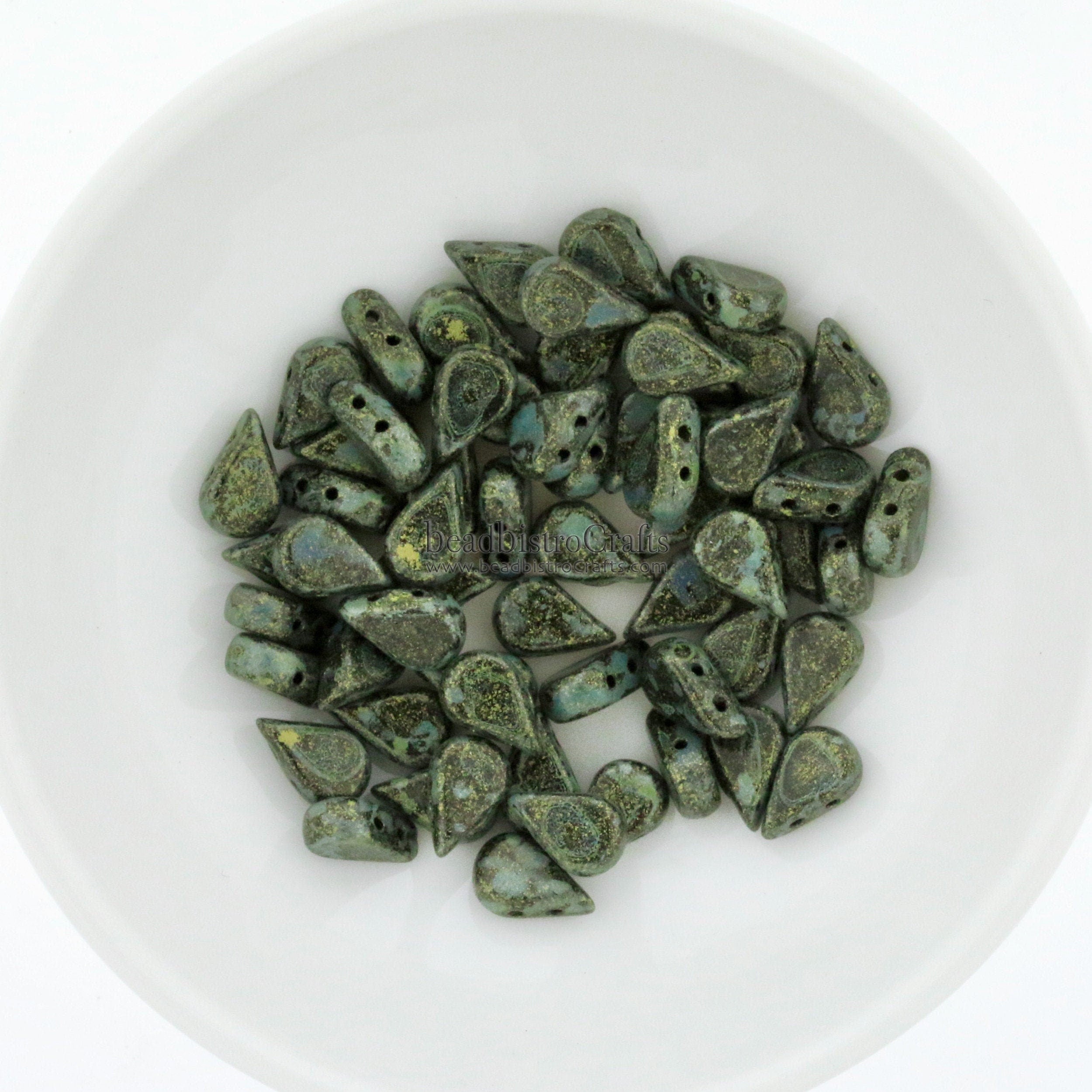 30pcs Czech AMOS® Par Puca® beads - 2 hole beads - METALLIC Matte GREEN Spotted - 5x8mm - drop beads