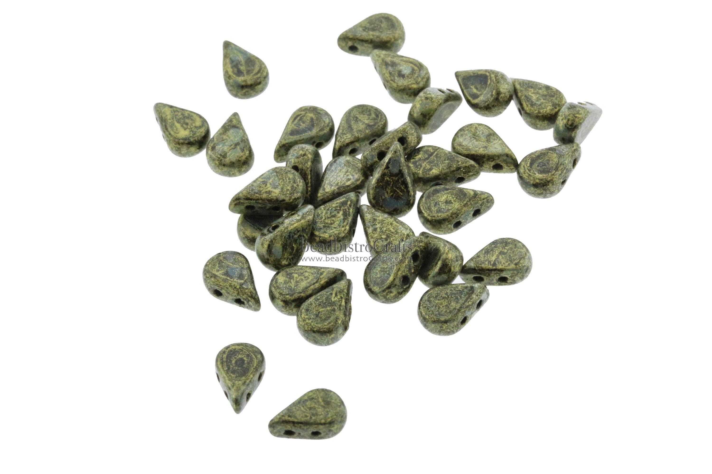 30pcs Czech AMOS® Par Puca® beads - 2 hole beads - METALLIC Matte Old GOLD Spotted - 5x8mm - drop beads