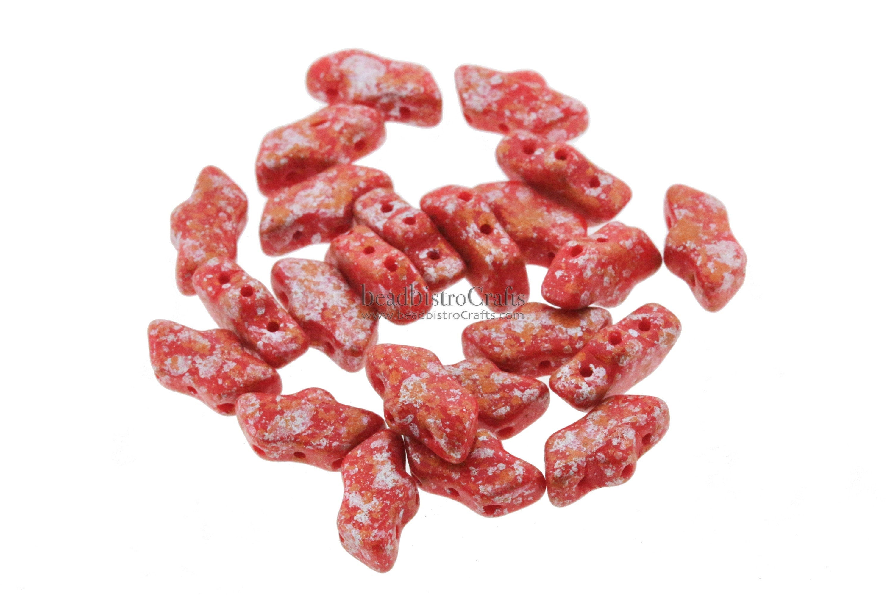 20pcs Czech DELOS® Par Puca® beads - 3 hole beads - Opaque Coral Red TWEEDY - 6x11mm