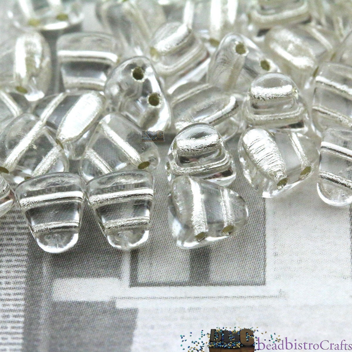 50pcs Czech NIB-BIT beads - new 2 hole Nib Bit - Crystal SILVER Lined - 6x5mm