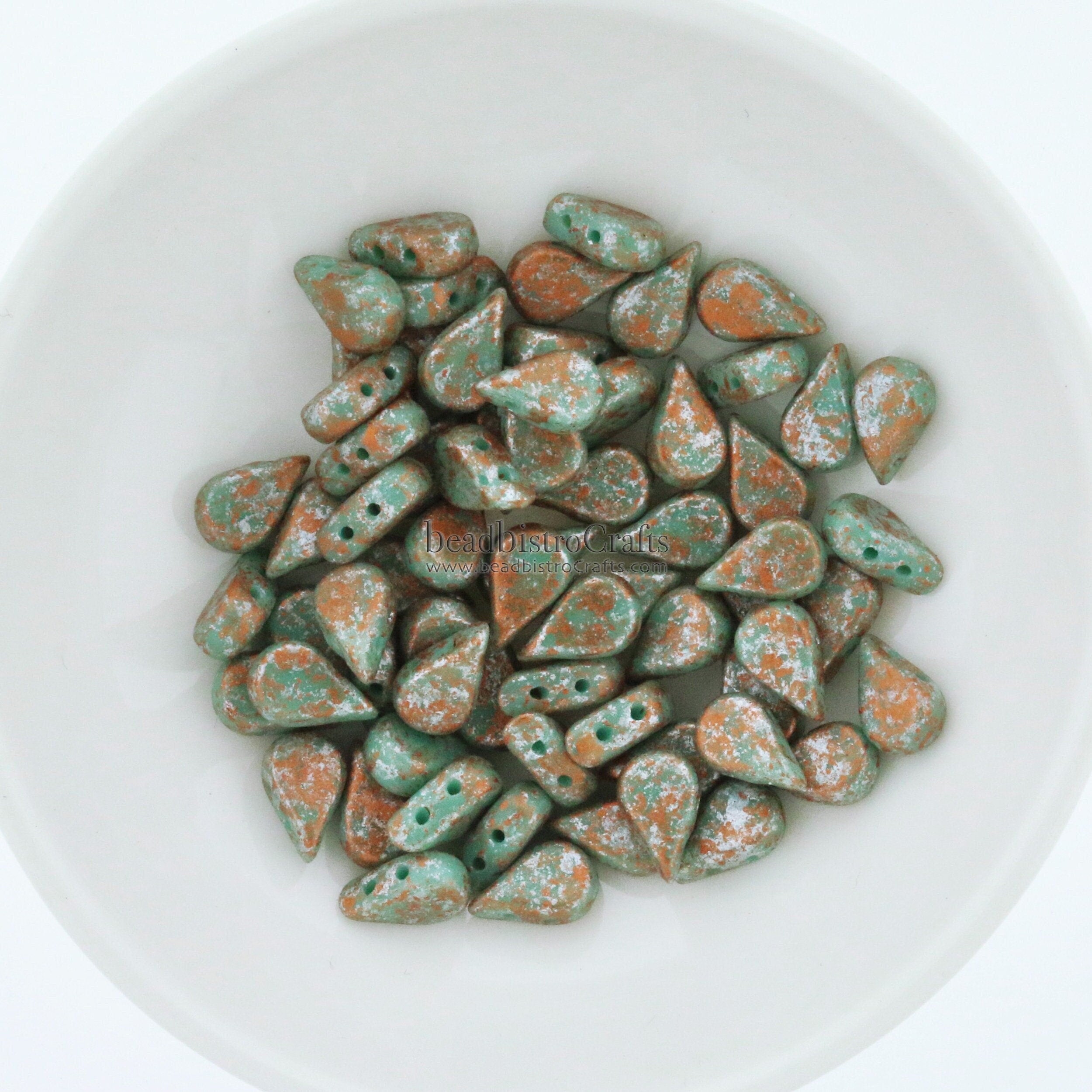30pcs Czech AMOS® Par Puca® beads - 2 hole beads - Opaque Green Turquoise TWEEDY - 5x8mm - drop beads